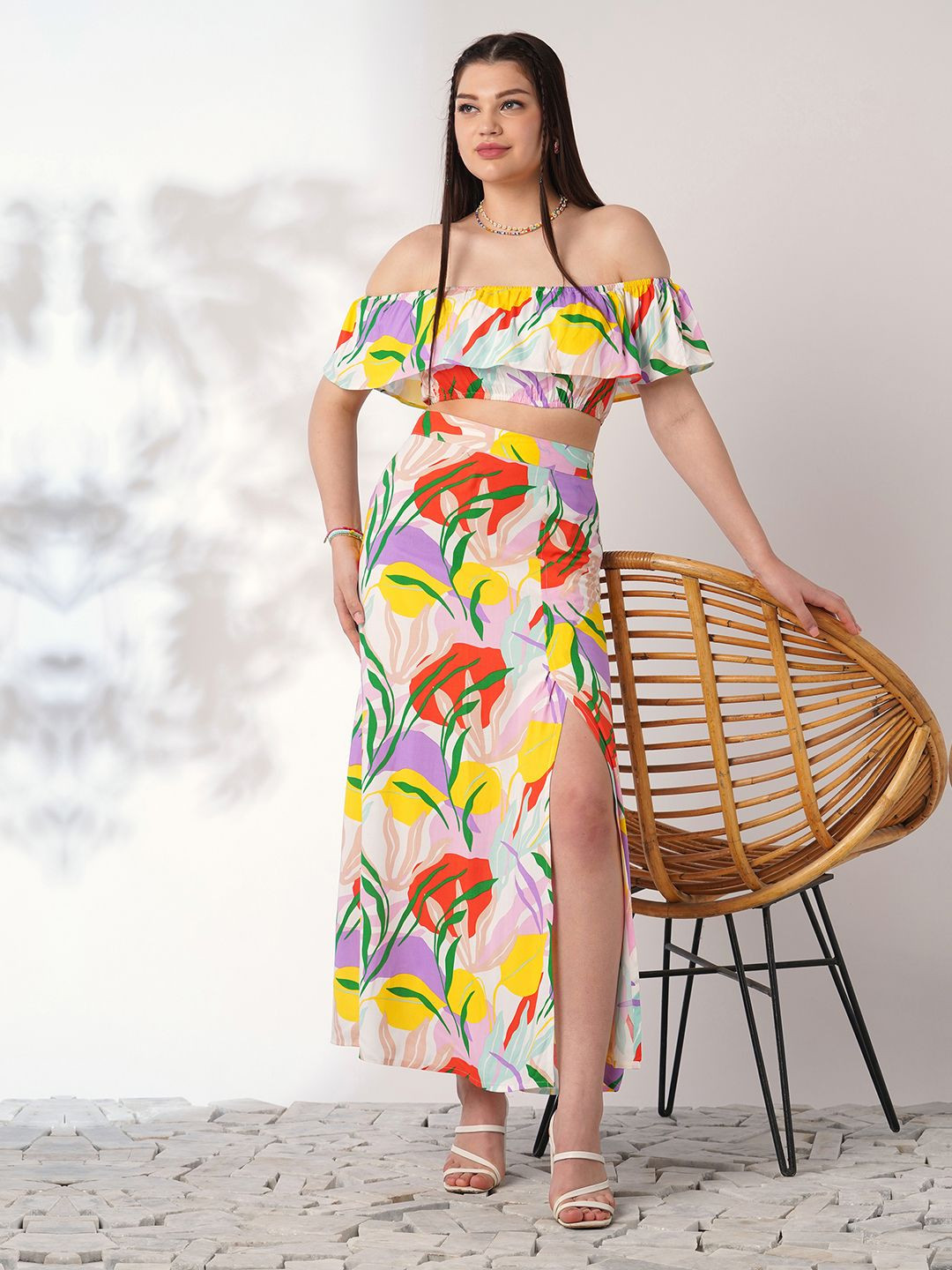 Globus Print Off Shoulder Ruffle Fitted Crop Top With Side Slit Maxi Skirt Co-ord Set