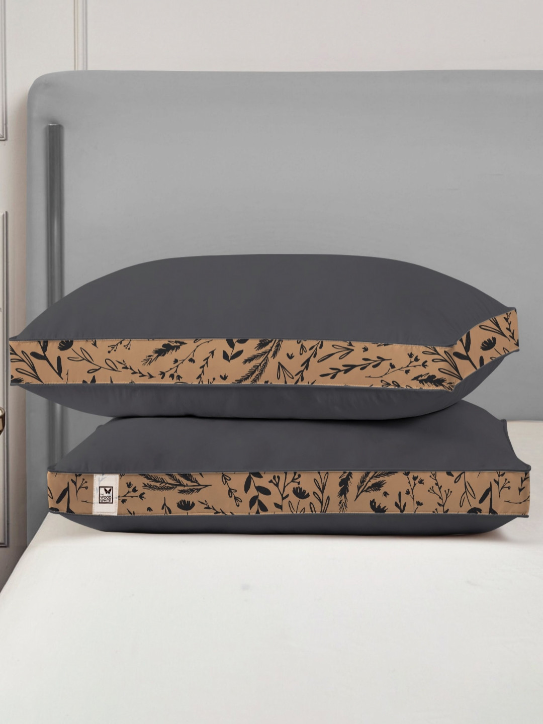 THE WOOD WHITE Grey Leaf Polyester Breathable Set of 2 Medium Fibre Sleep Pillow-3 x 68 cm