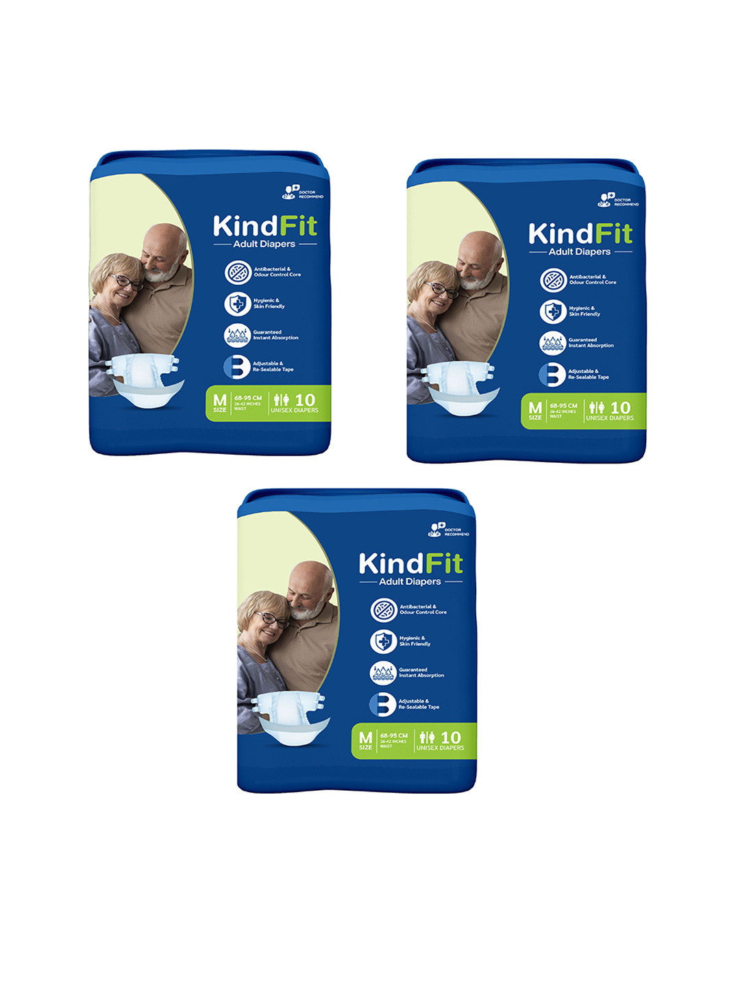Kindfit Set Of 3 Tape Style Rash Free Adult Diapers - M - 10Pcs Each
