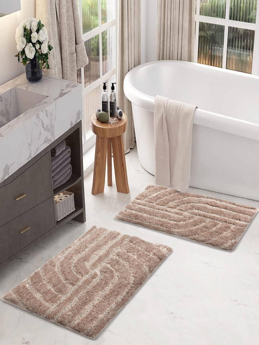 LUXEHOME INTERNATIONAL Scotland Maze Beige 2 Pieces Textured Anti Skid Bath Rugs