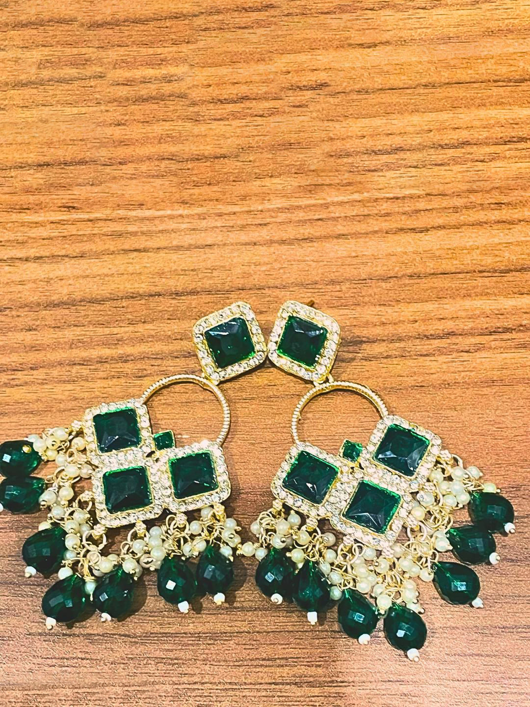 Crown Fabulous Jewellery Gold-Plated Stones Studded & Beaded Diamond Shaped Drop Earrings
