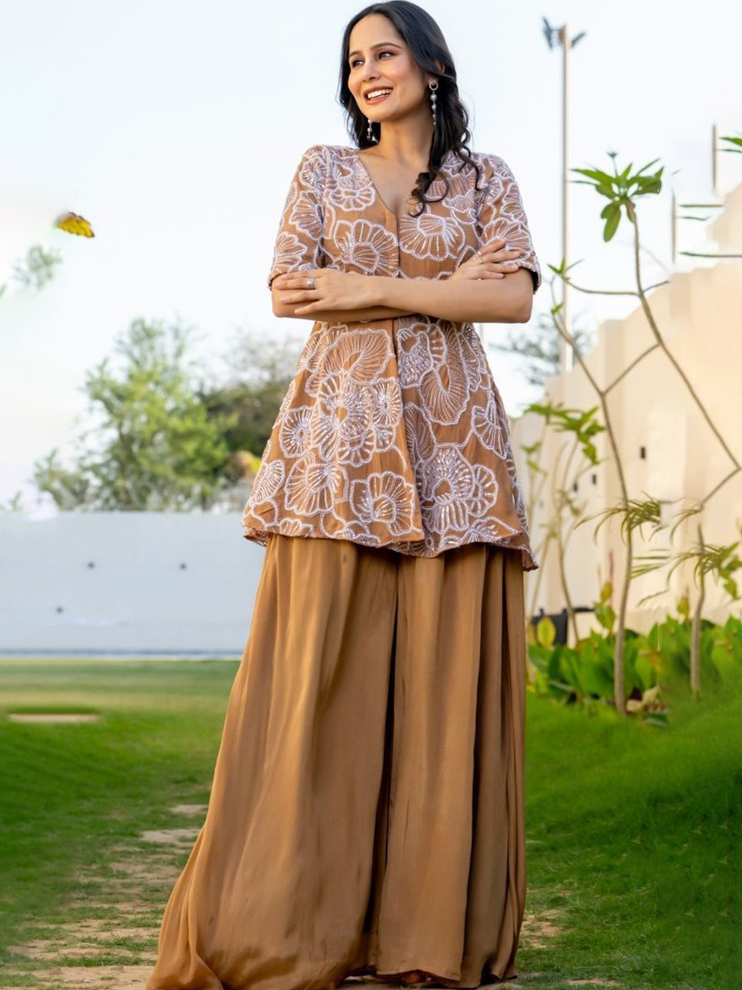 HOUSE OF JAMOTI Deedar Pearl Embroidered Chinon Tunic With Palazzo Co-ord Set