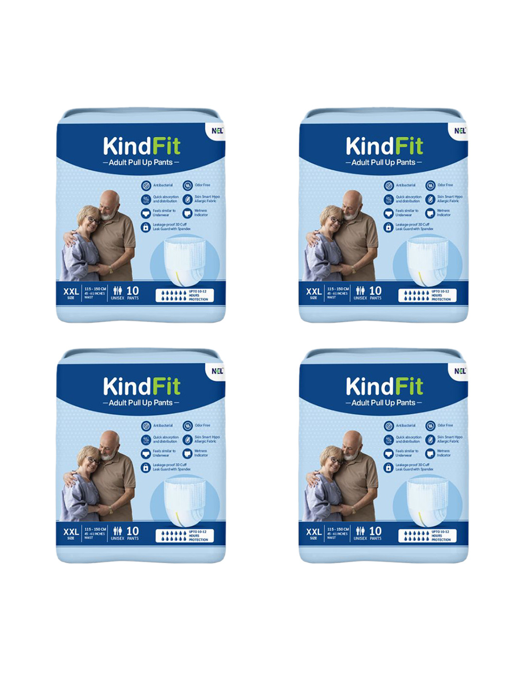 Kindfit Set Of 4 Antibacterial Adult Pull Up Pants Diapers - 10 Pcs Each - XXL