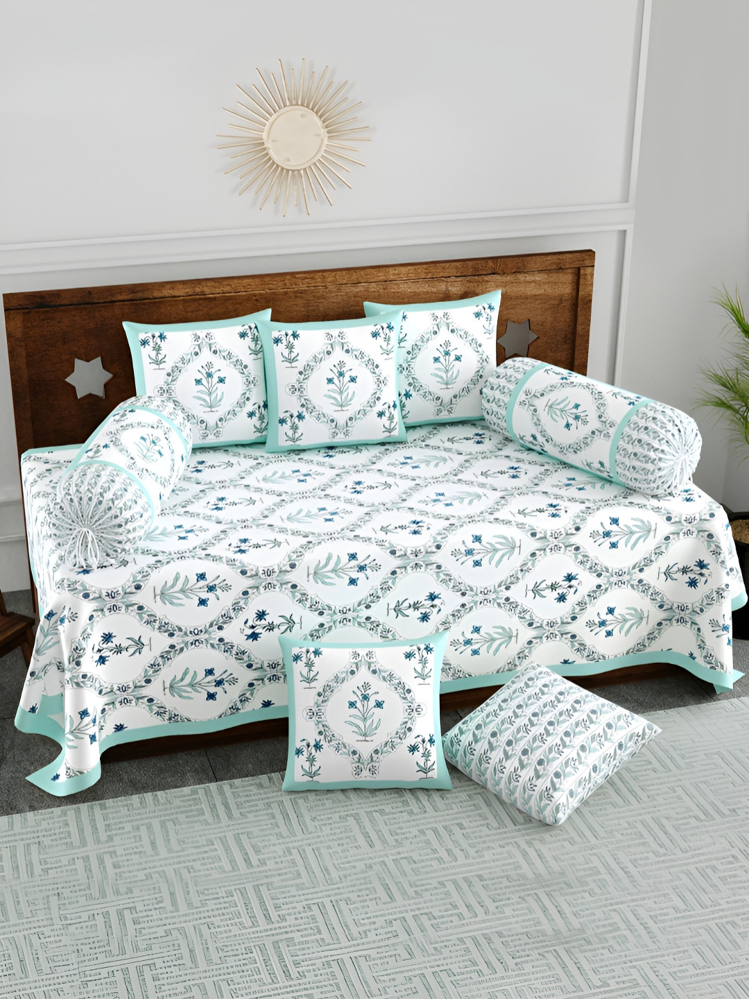 BLOCKS OF INDIA 8 Pcs White & Turquoise Blue Ethnic Motif Printed Pure Cotton Diwan Set