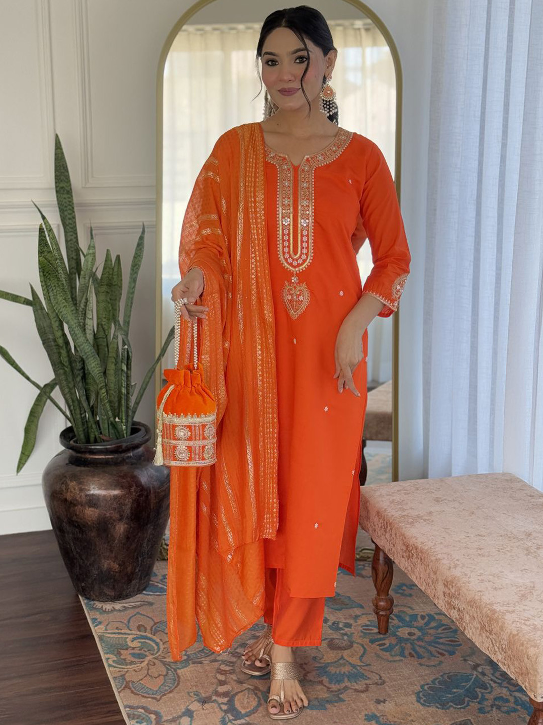 Siya Fashion Floral Embroidered Notch Neck Straight Kurta With Trousers And Dupatta