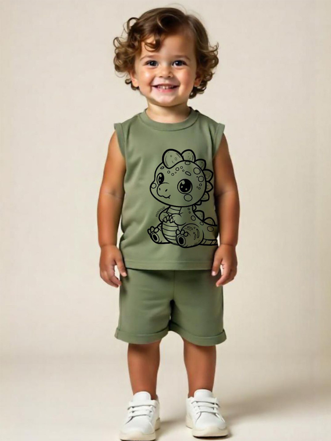 Minicult Unisex Kids Animal Printed Round Neck Sleeveless Pure Cotton T-shirt With Clothing Set