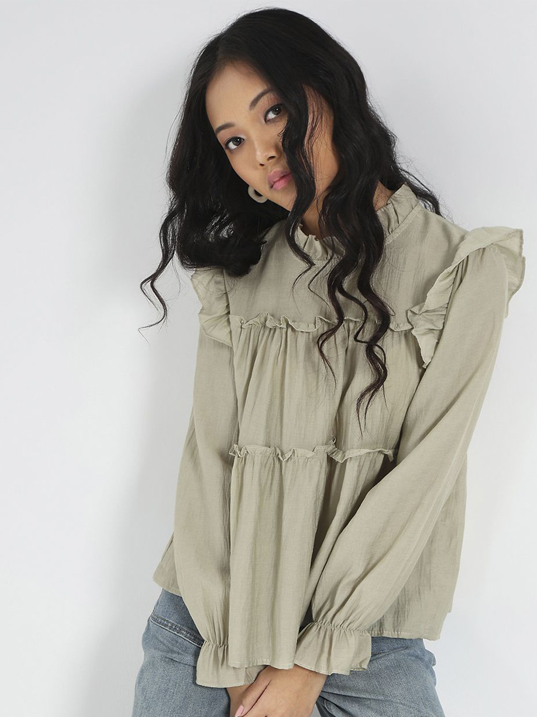 Sera Women Pista Ruffled Tiered Long Sleeve Flowy Korean Top