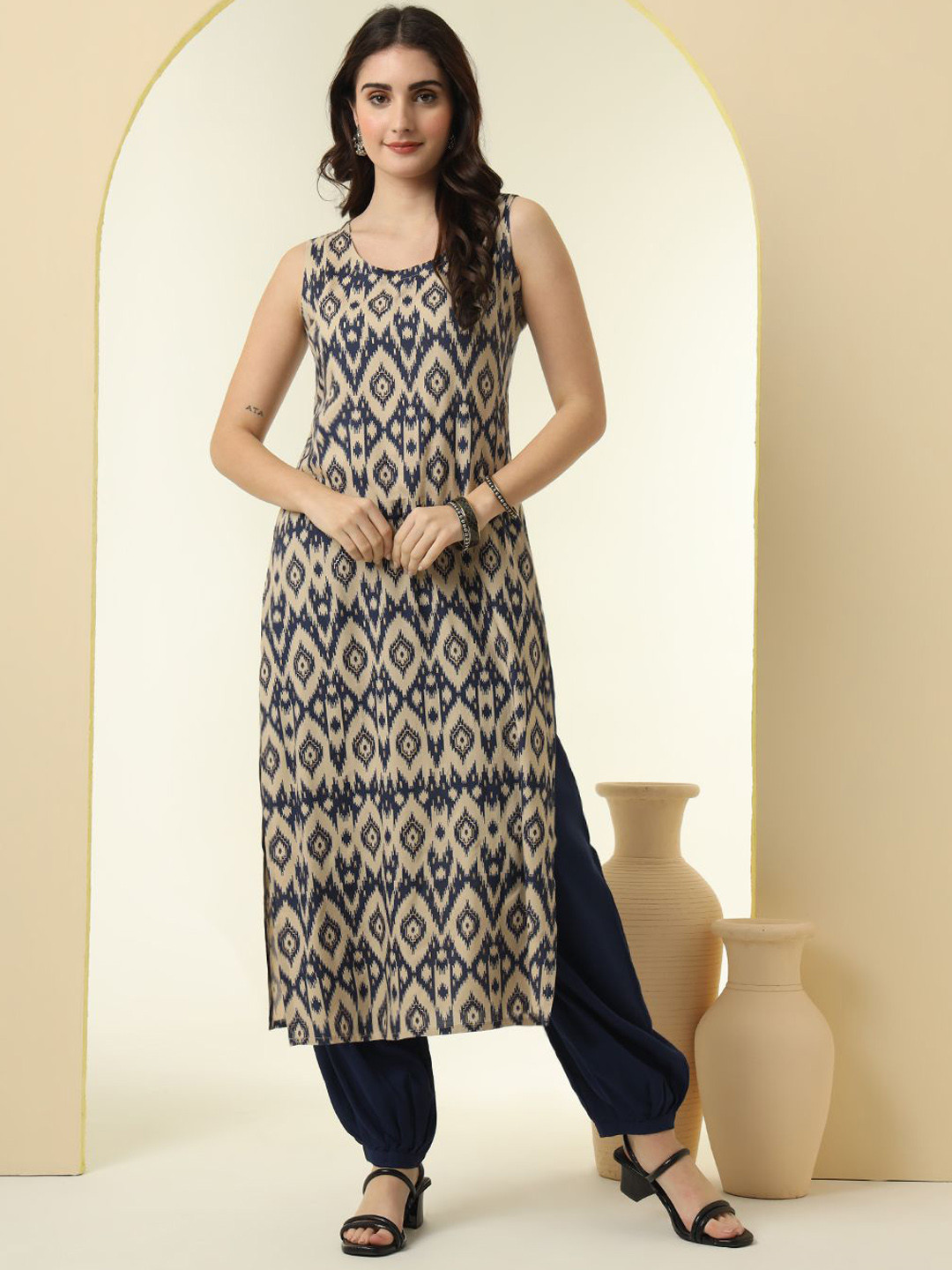 NYPA Geometric Printed Sleeveless Kurta With Harem Pants