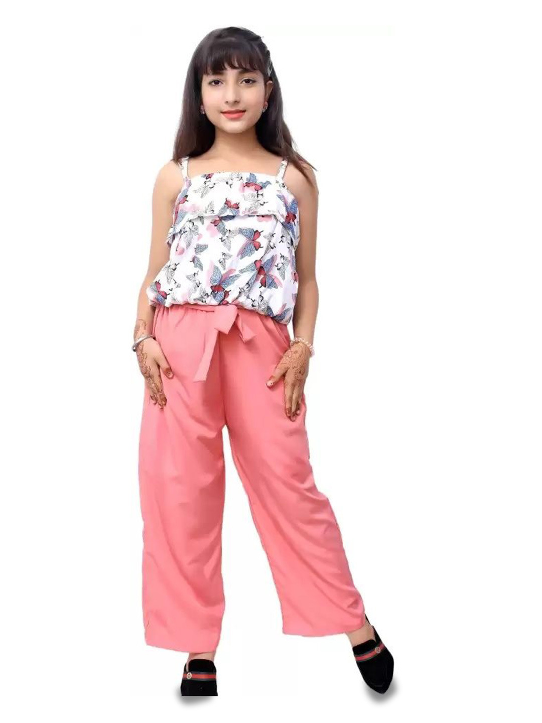 LIME N LEMON Girls Floral Printed Shoulder Straps Top With Palazzos