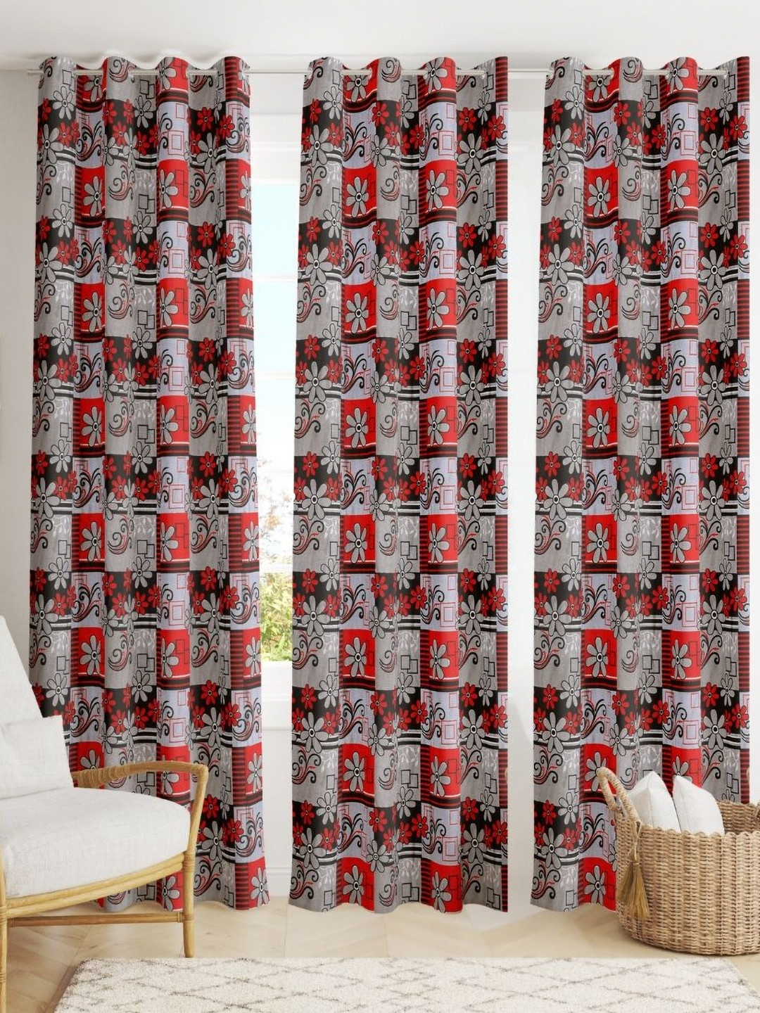 POORAK Red 3 Pieces Printed Sheer Door Curtain