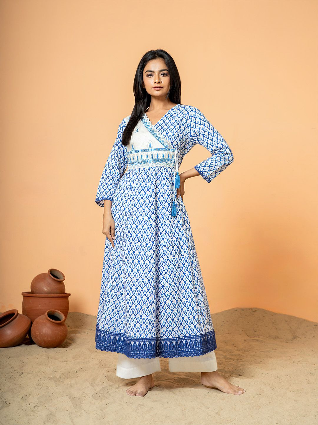 COTTONS DAILY Geometric Printed V-Neck Angrakha Pure Cotton A-Line Kurta