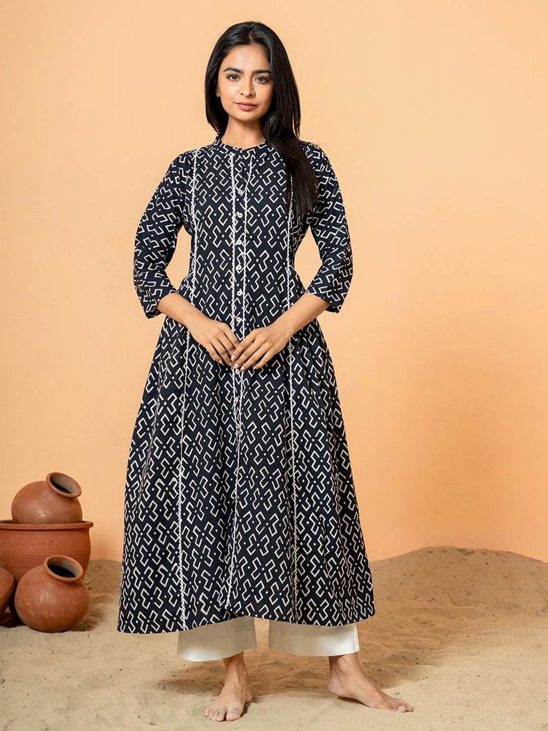 COTTONS DAILY Geometric Printed Round Neck Pure Cotton Anarkali Kurta