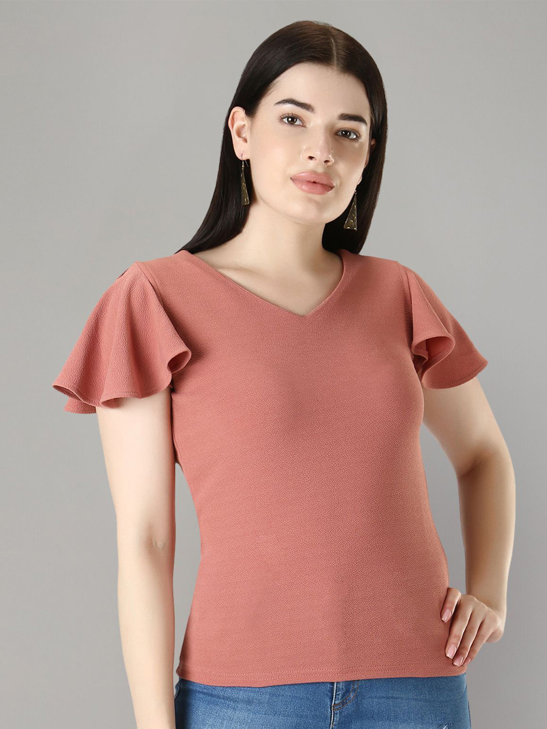 Zuvino Women scuba Textured V-Neck Flutter Sleeve Regular Top