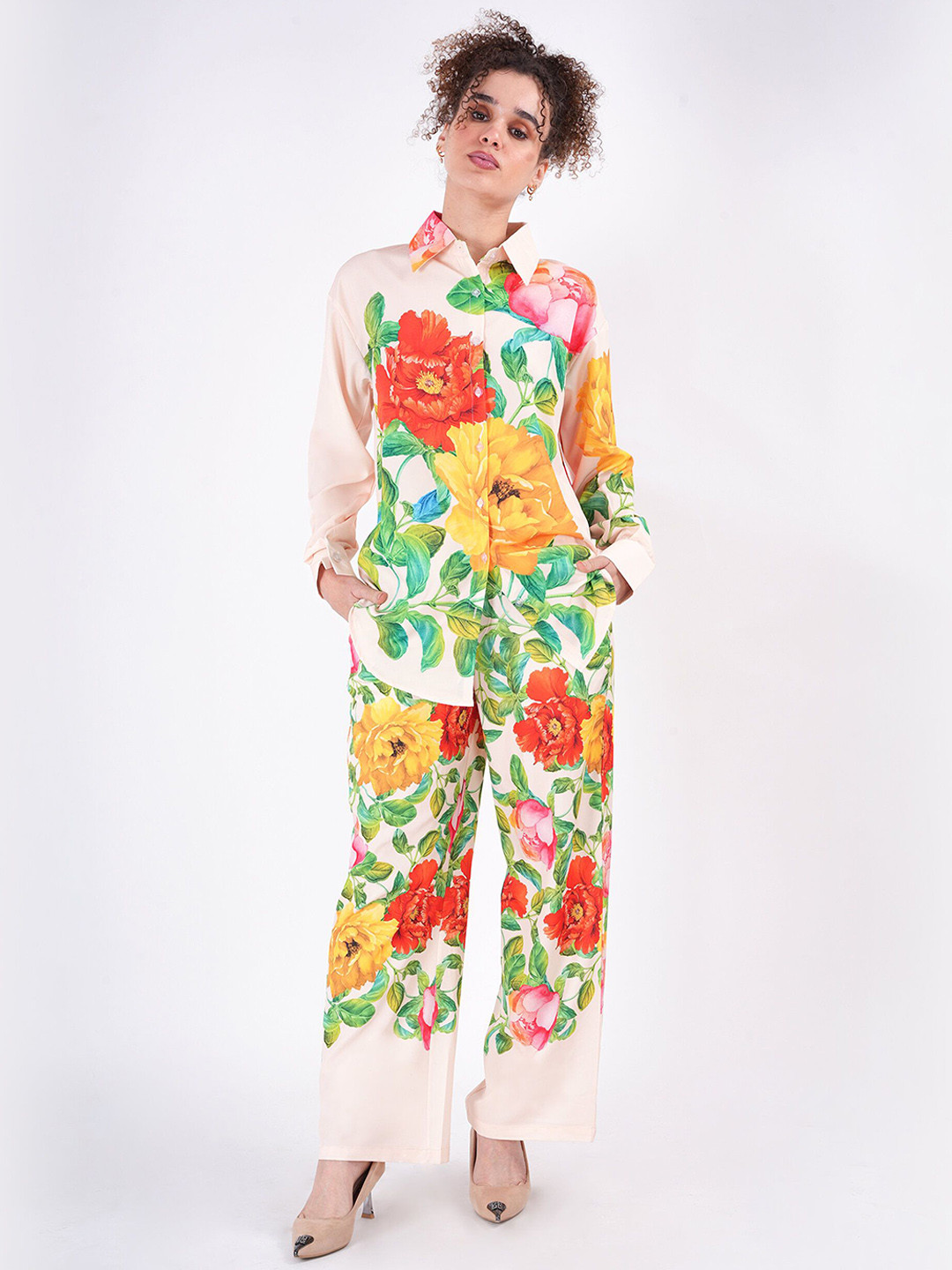 clobug Floral Printed Shirt Collar Shirt With Trousers
