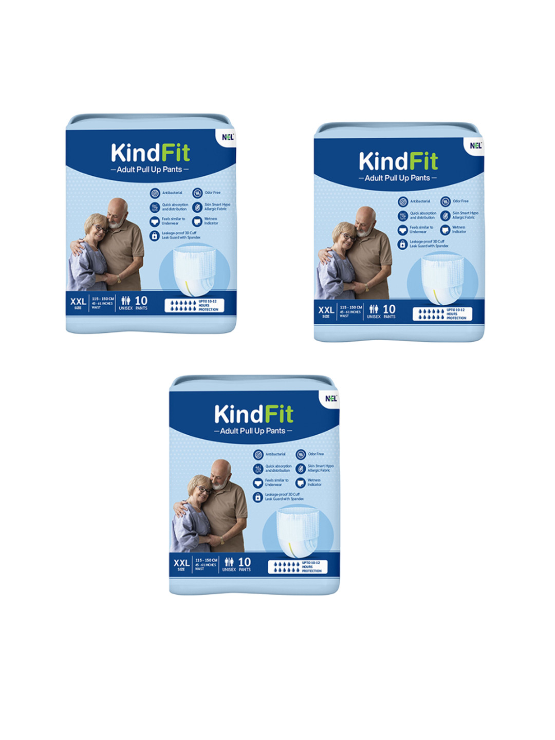 Kindfit Set Of 3 Adult Pull Up Leakage Proof Pants Diapers - XXL - 10Pcs Each