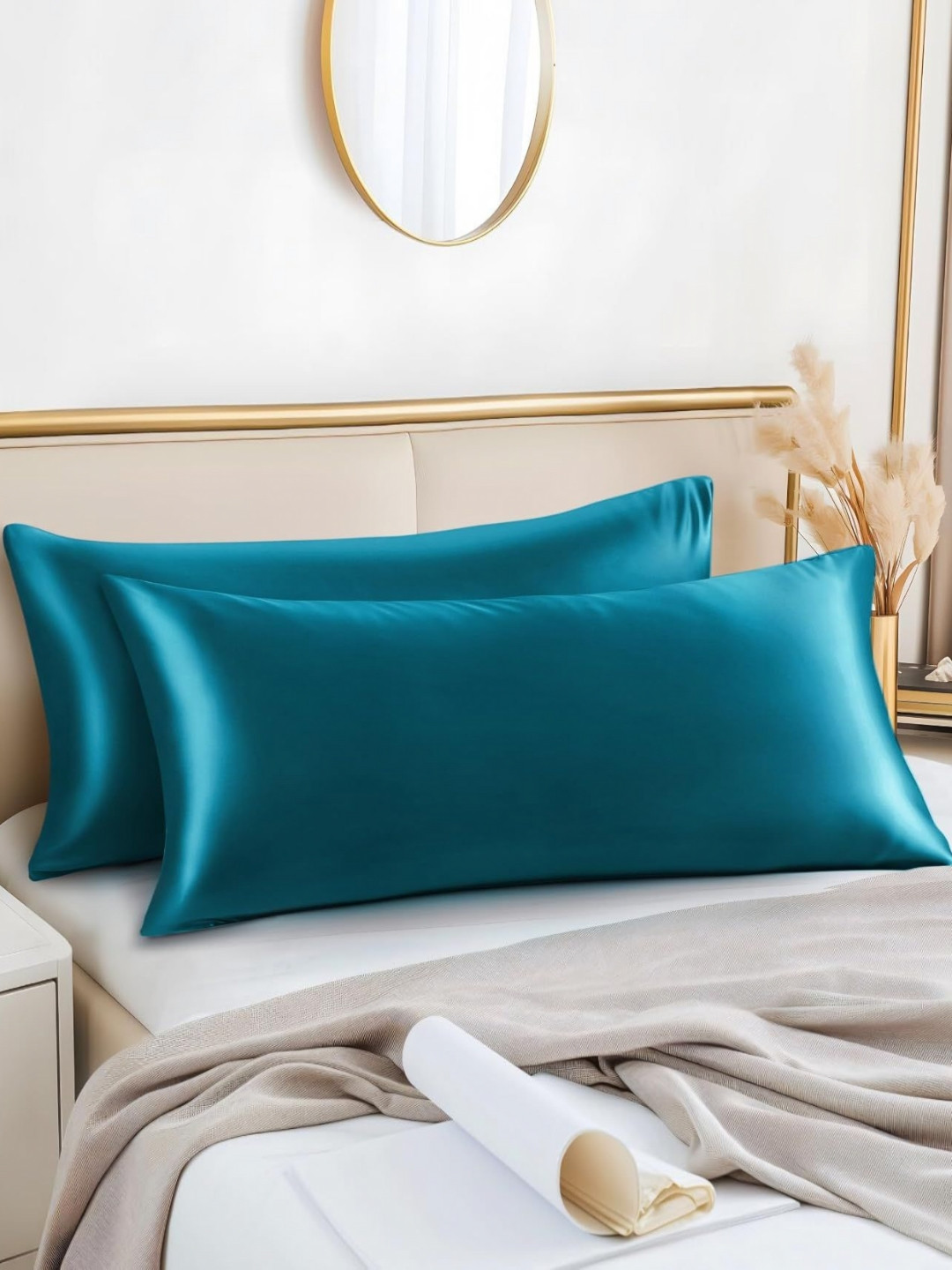 DEHMAN Teal 2 Pieces Pure Silk Rectangle Shaped Pillow Covers