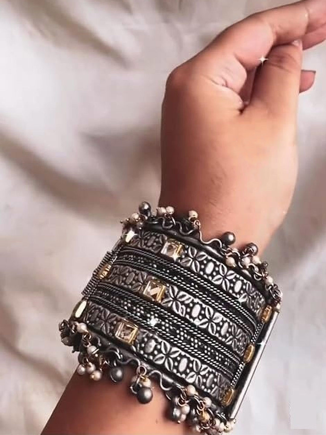 SZN German Silver Artificial Stones Studded & Beaded Oxidised Bangle