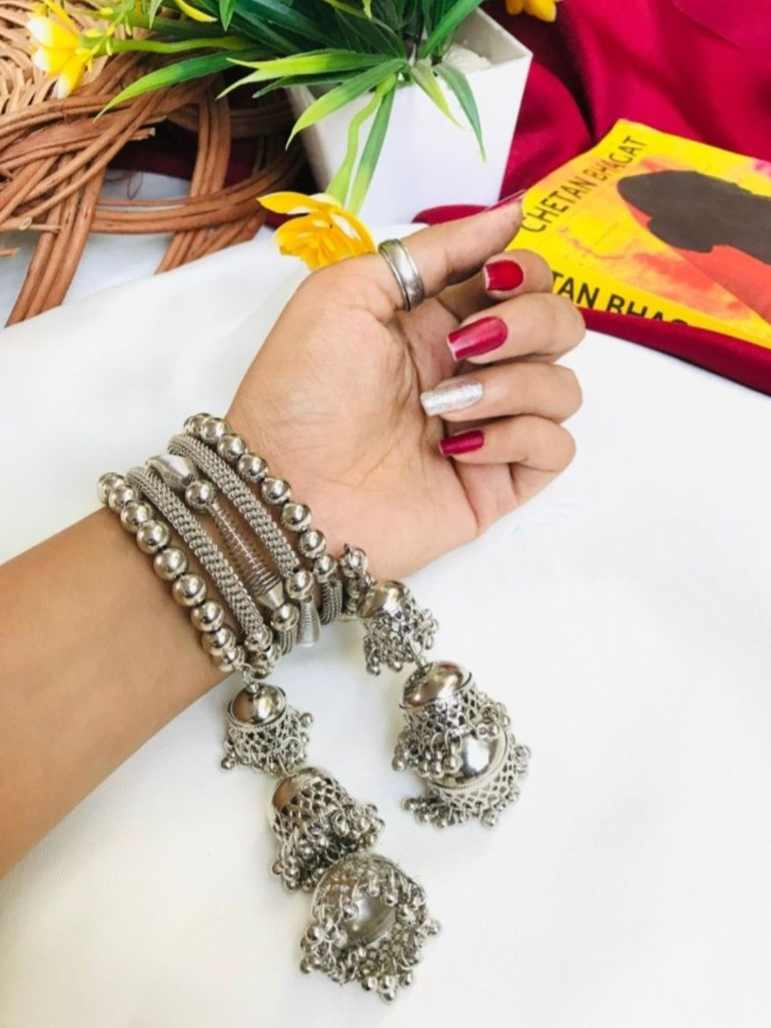 SZN German Silver Artificial Beaded Oxidised Bangle