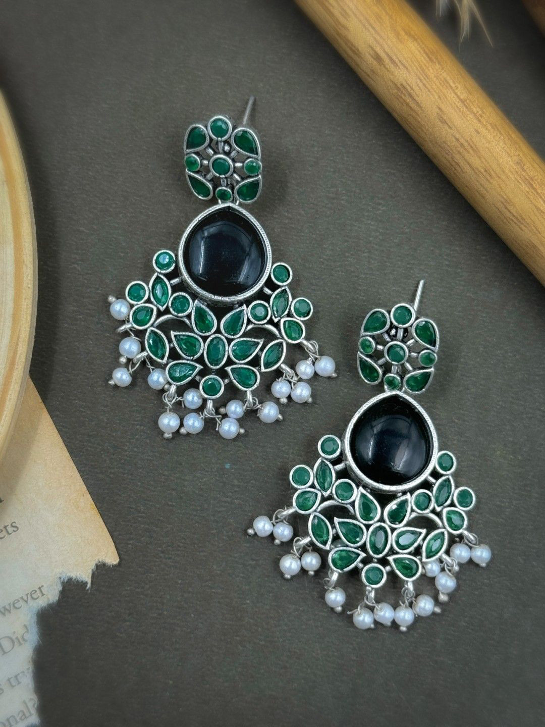 NAMAN ARTS T Silver-Plated Stones Studded & Beaded Contemporary Drop Earrings