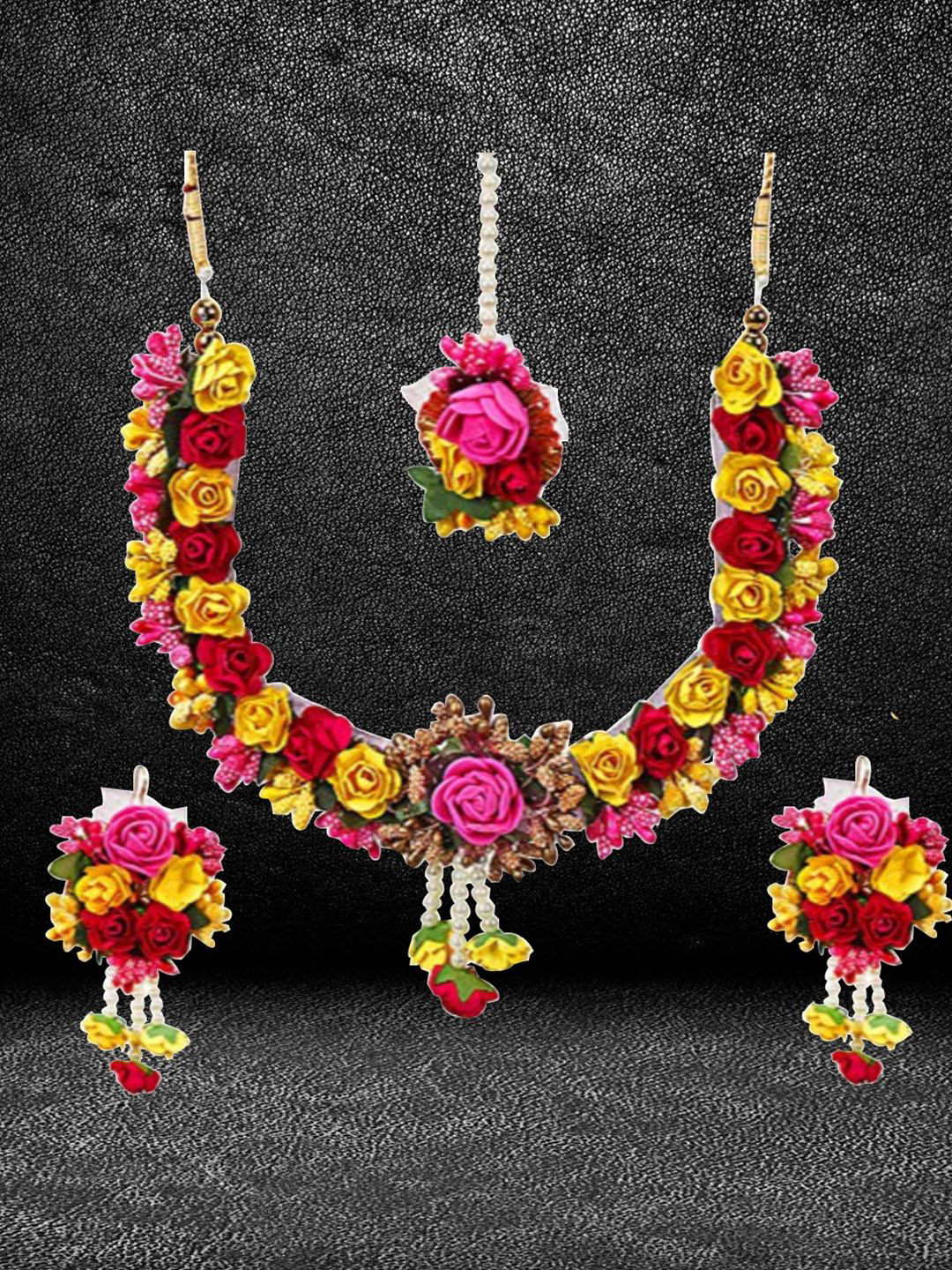 YouBella Artificial Flower Studded & Beaded Jewellery Set