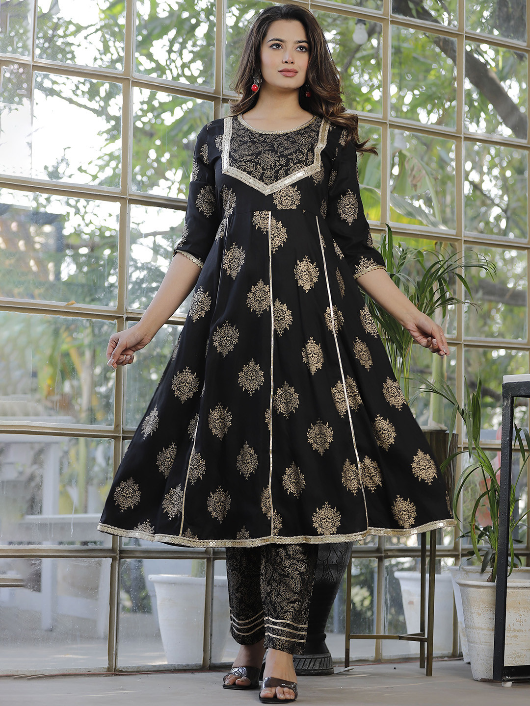 HEBA Floral Printed Round Neck Gotta Patti Panelled A-Line Kurta With Trousers & Dupatta