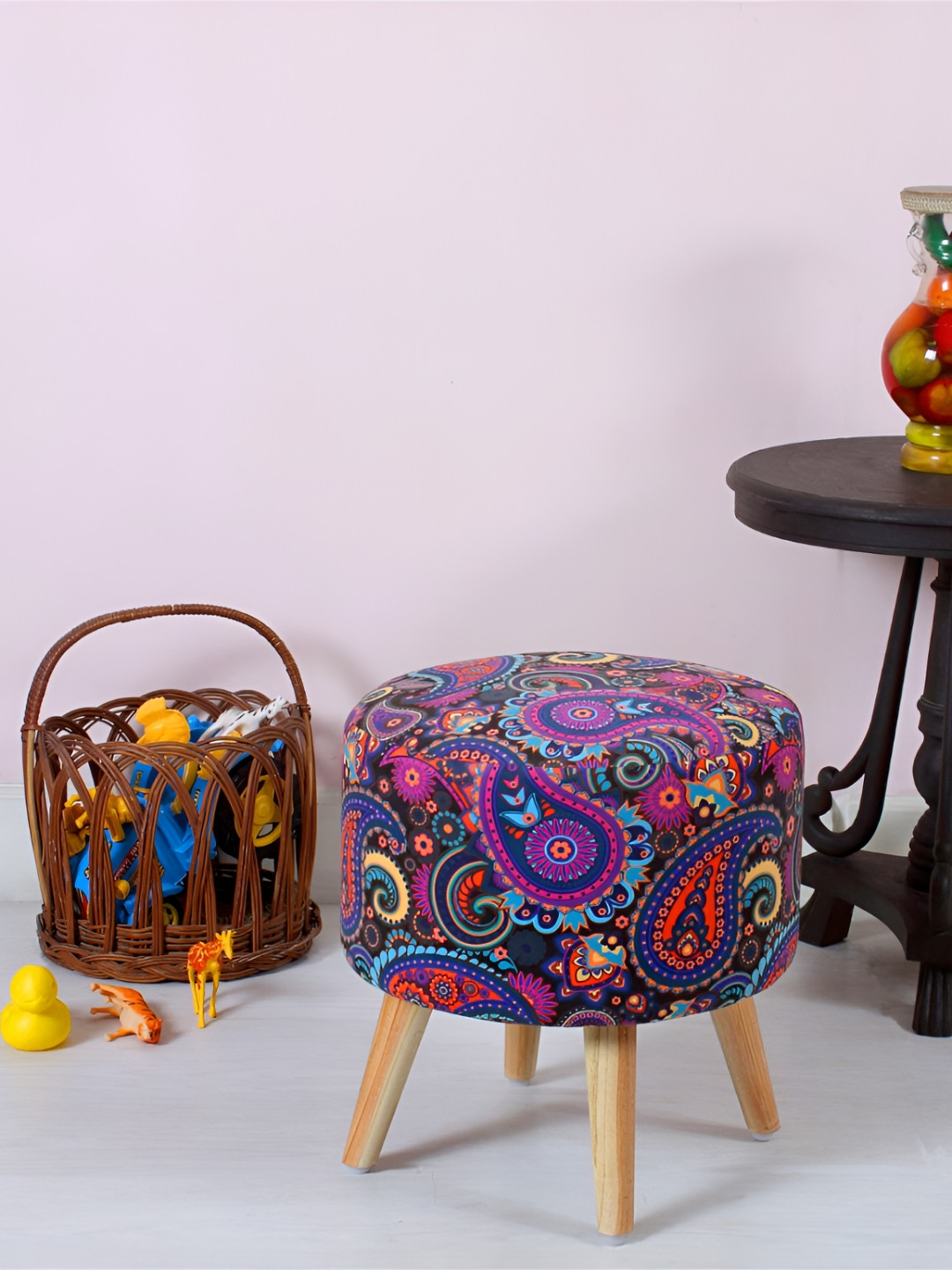Shadowkart Blue & Purple Ethnic Motifs Printed Wooden & Velvet Pouffes Ottoman