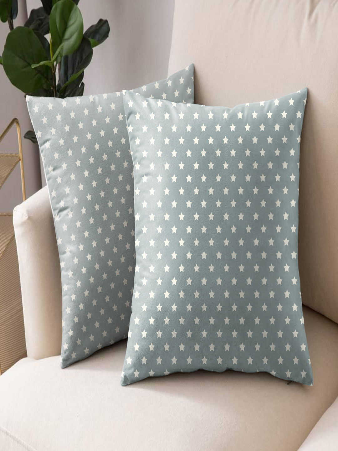 CASABLEU Premium Spring Grey and White 2 Pieces Star Printed Square Cushion Covers