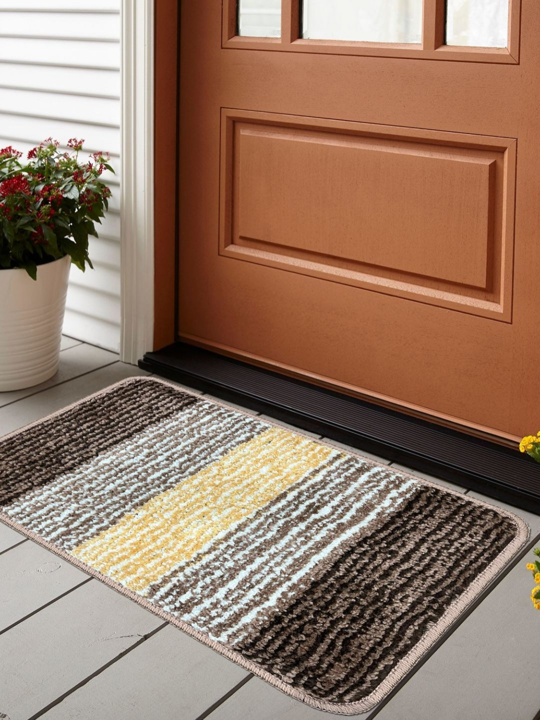 VAS COLLECTIONS Brown & Yellow 2 Pieces Textured Striped Anti Skid Doormats