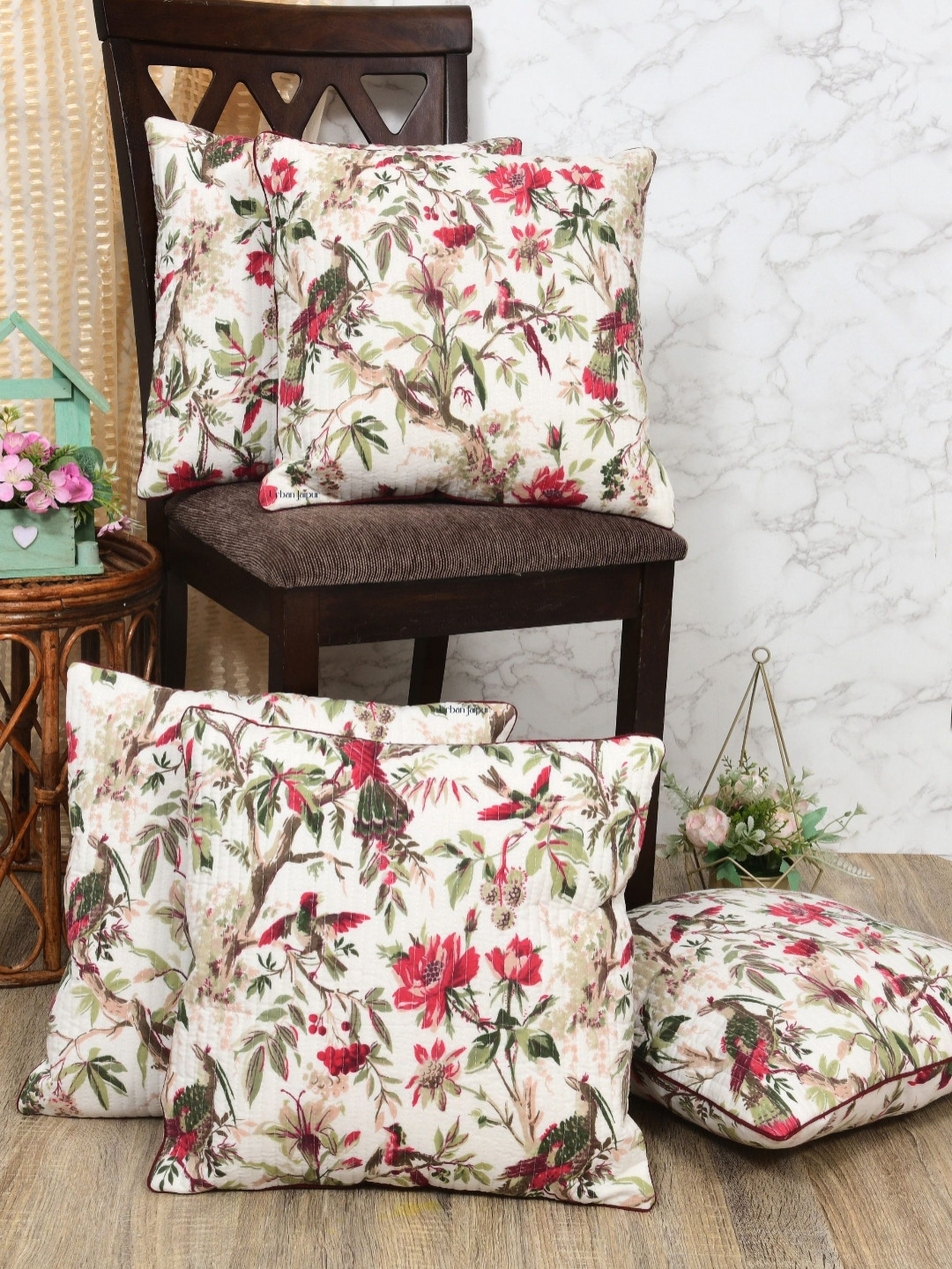 Urban Jaipur Light-Weight Floral Cotton 5 Pcs Embroidered Square Cushion Covers -16x16In