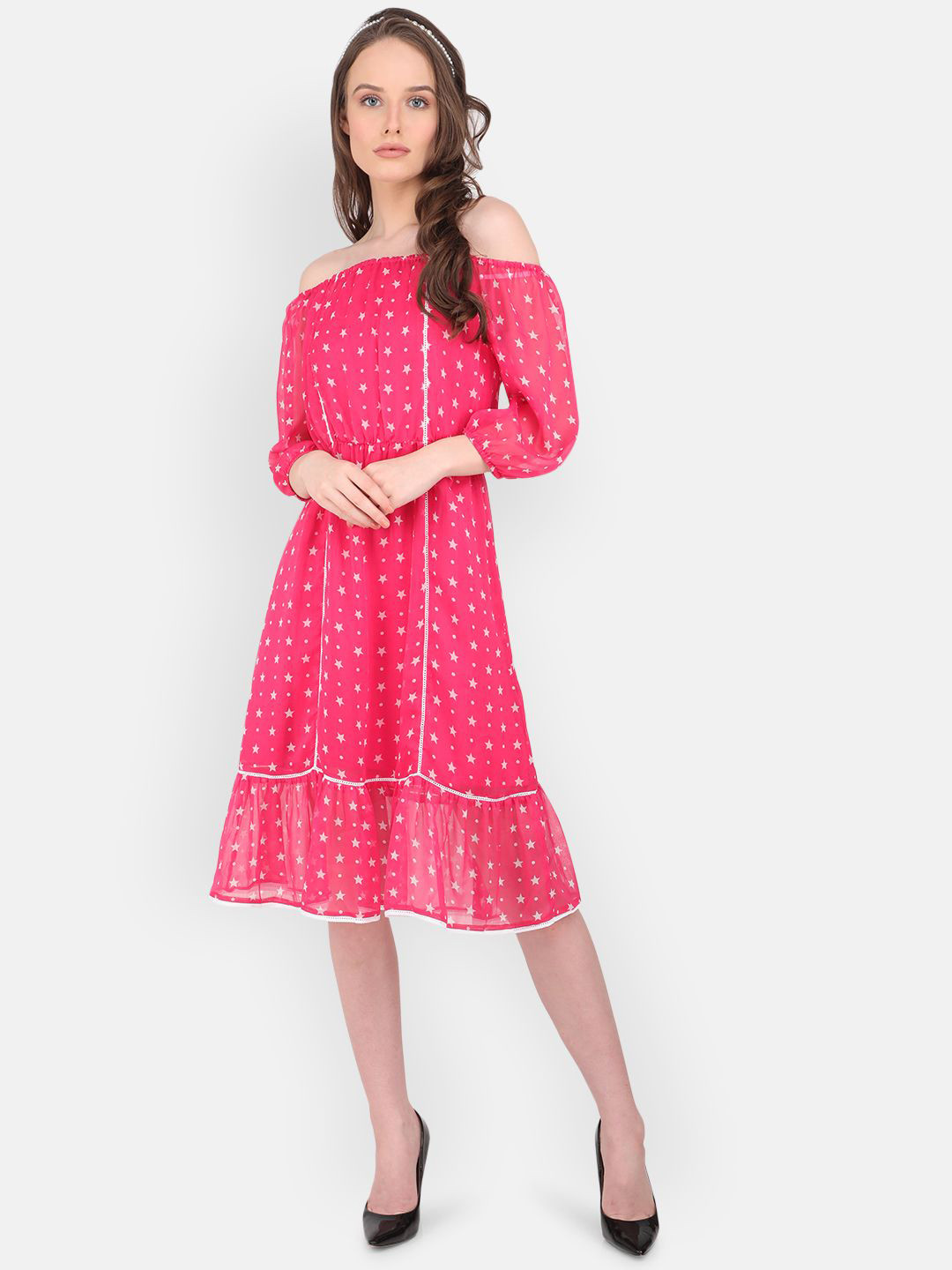 MARC LOUIS Star Print Off-Shoulder Chiffon A-Line Midi Dress