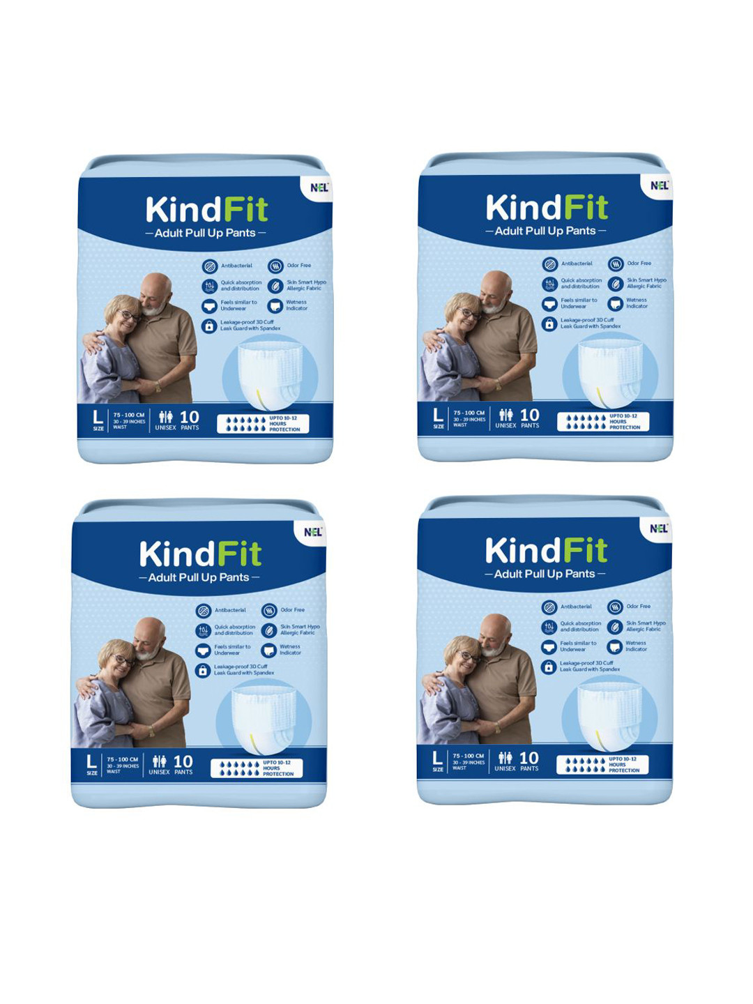 Kindfit Set Of 4 Adult Pull Up Leakage Proof Pants Diapers - L - 10Pcs Each