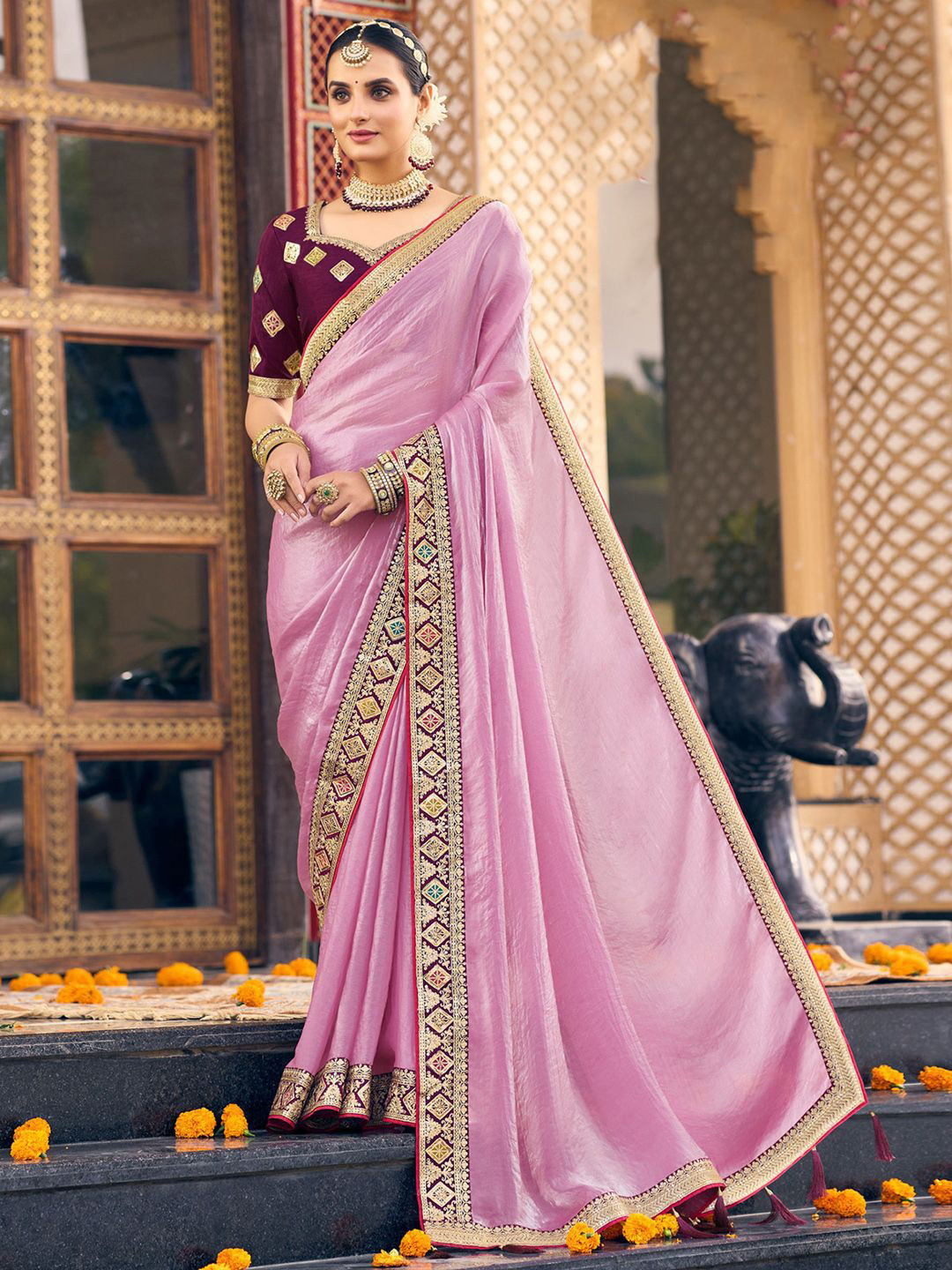 House of Pataudi Satin Silk Embellished Party Wear Saree With Blouse
