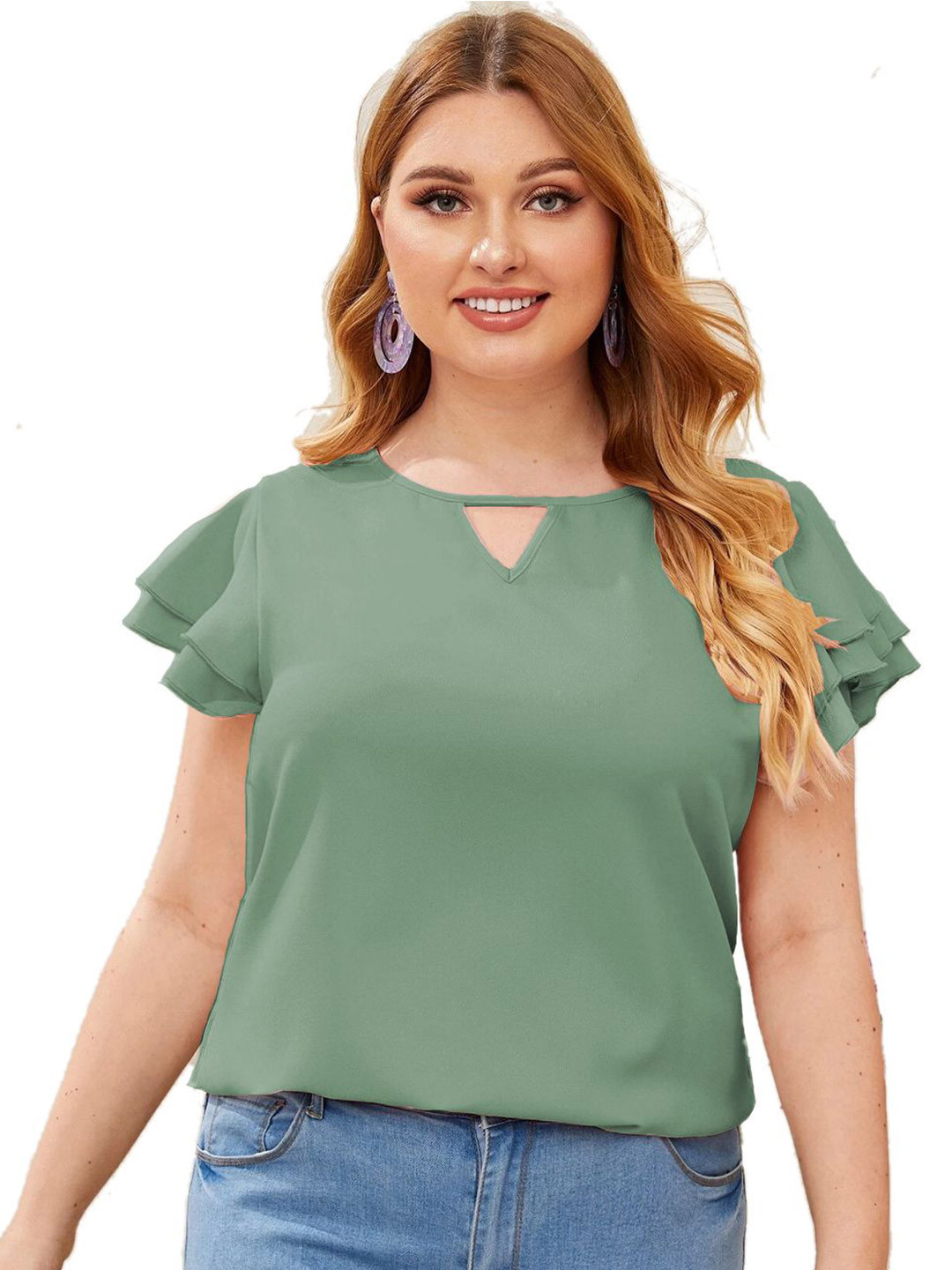 SZN Women Olive Round Neck Flared Sleeve Top