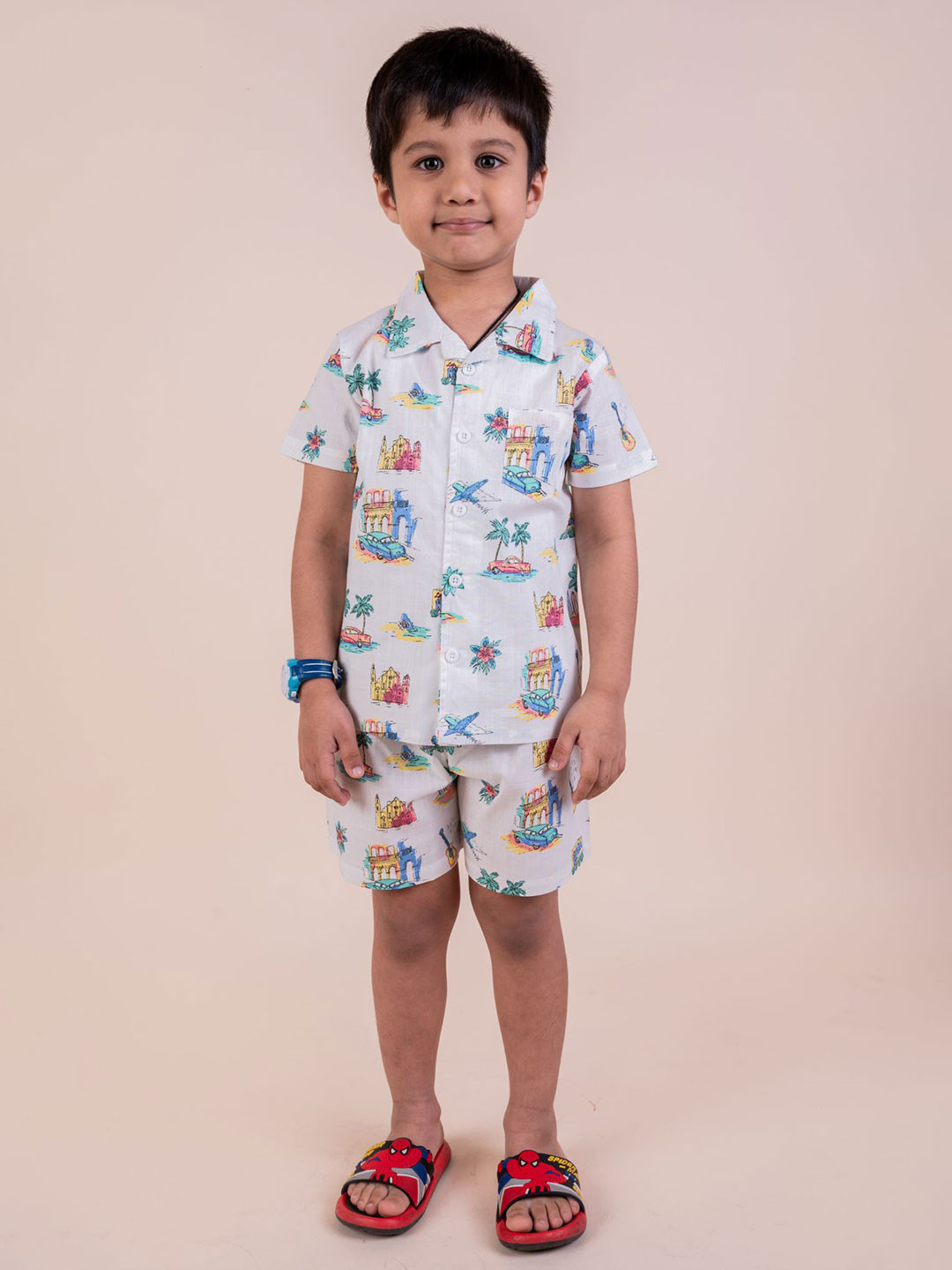 SNUGGLY MONKEY Kids Monkey Beach Printed Shirt Collar Pure Cotton Shirt With Shorts
