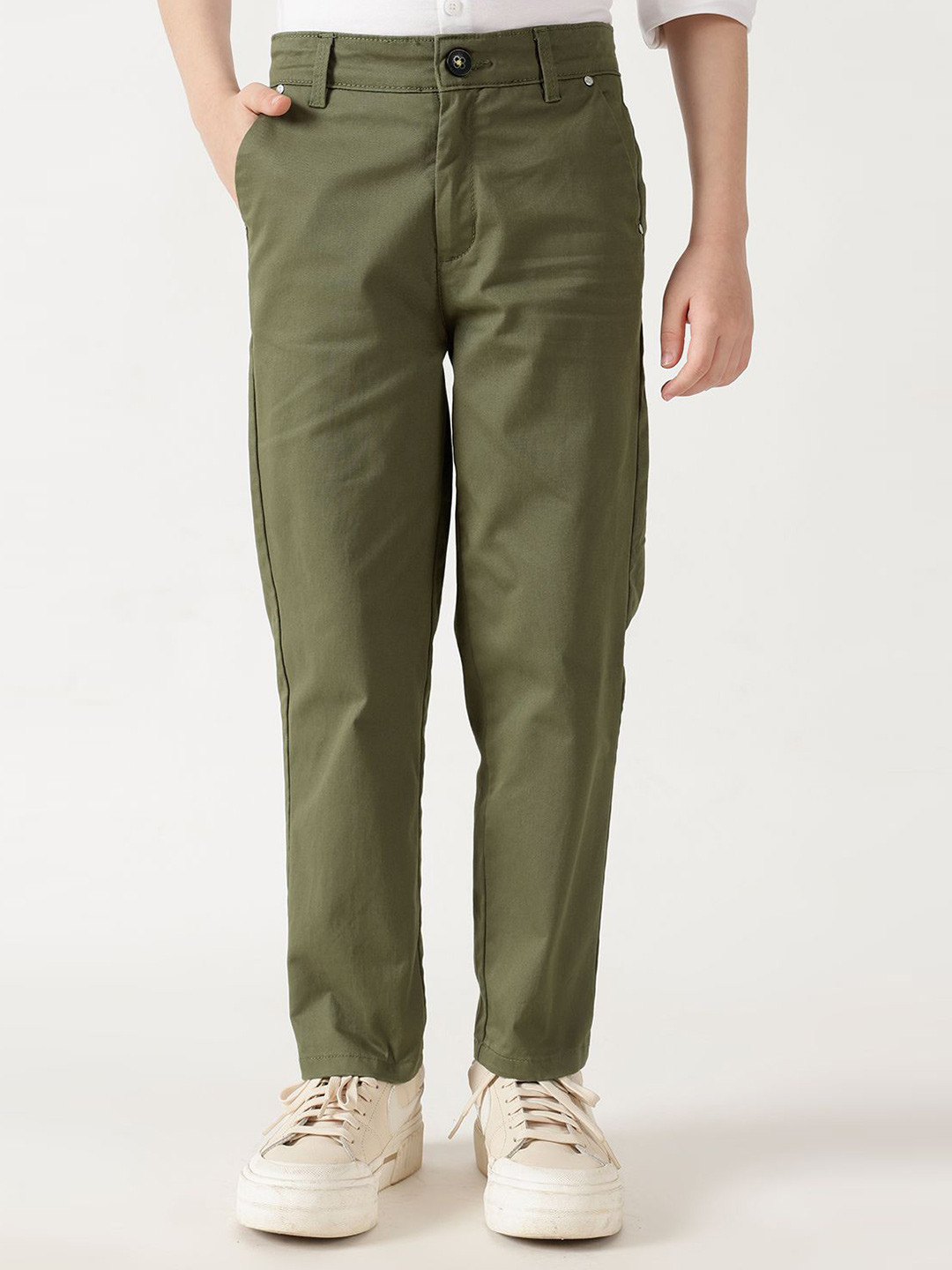 One Friday Boys Olive Loose Fit Solid Cargo Trousers