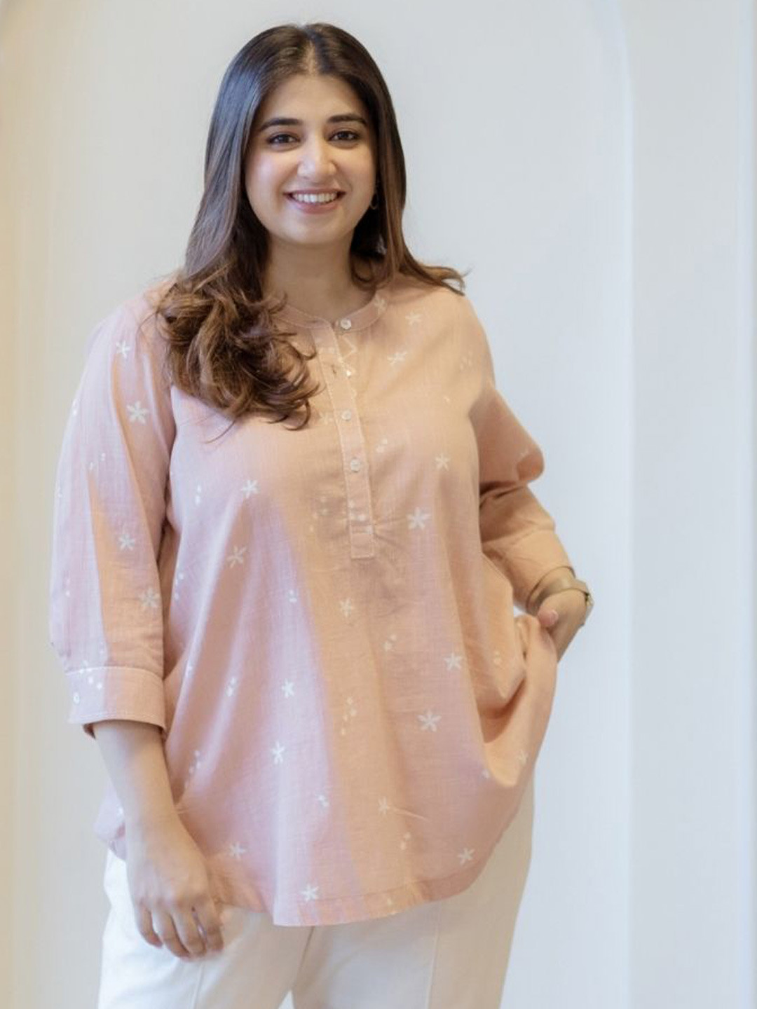 THE INDIAN ETHNIC CO Women Peach Slub Cotton Embroidered Top