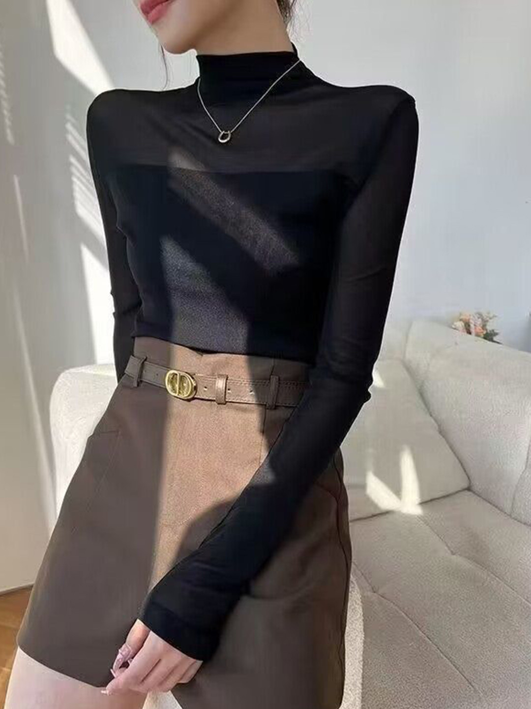 Outzidr Black High Neck Mesh Top