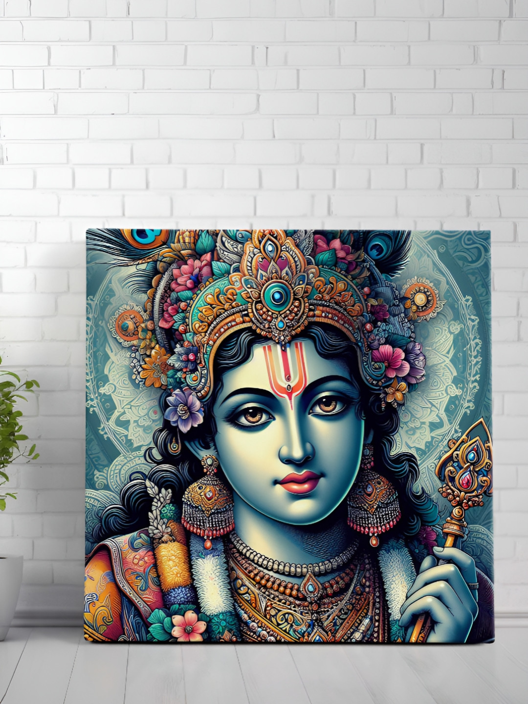 Livin'luxe Blue & Gold-Toned Canvas Lord Krishna Religious Wall Art