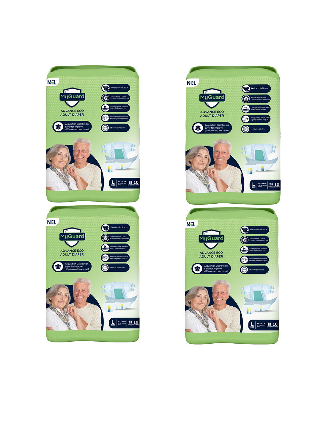 Myguard Unisex Set Of 4 Advance Eco Adult Cotton Diapers - L - 10Pcs Each