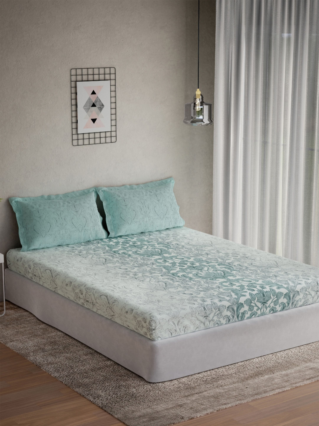 DDecor Omega Collection Turquoise Pure Cotton 145TC King Bedsheet With 2 Pillow Covers