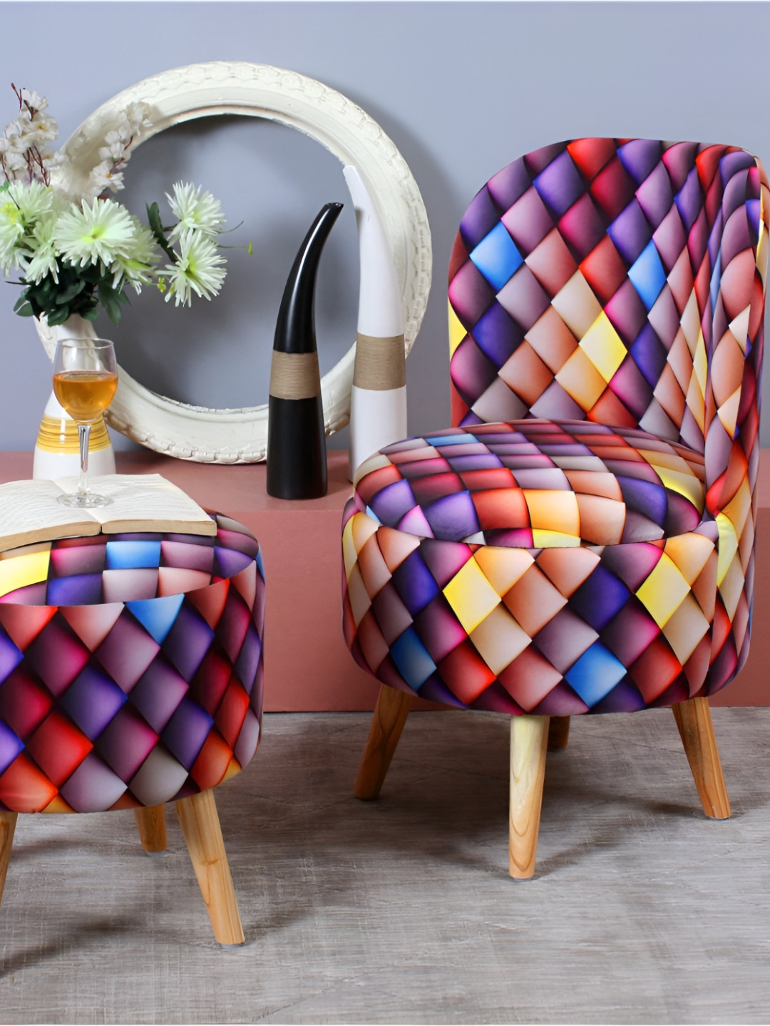 Shadowkart 2 Pieces Red & Purple Diamond Check Printed Wooden Pouffes Ottomans