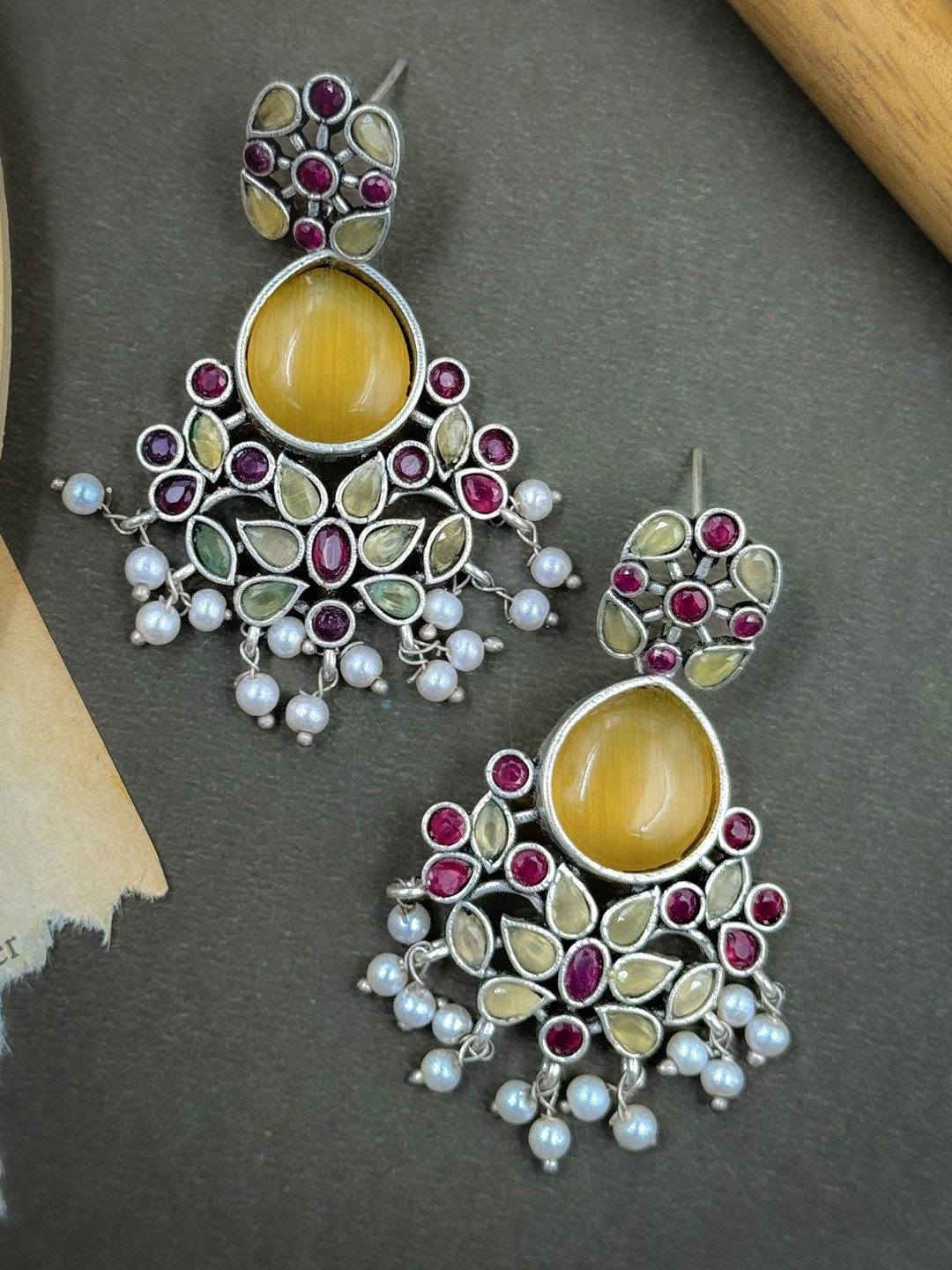 NAMAN ARTS T Silver-Plated Stones Studded & Beaded Contemporary Drop Earrings