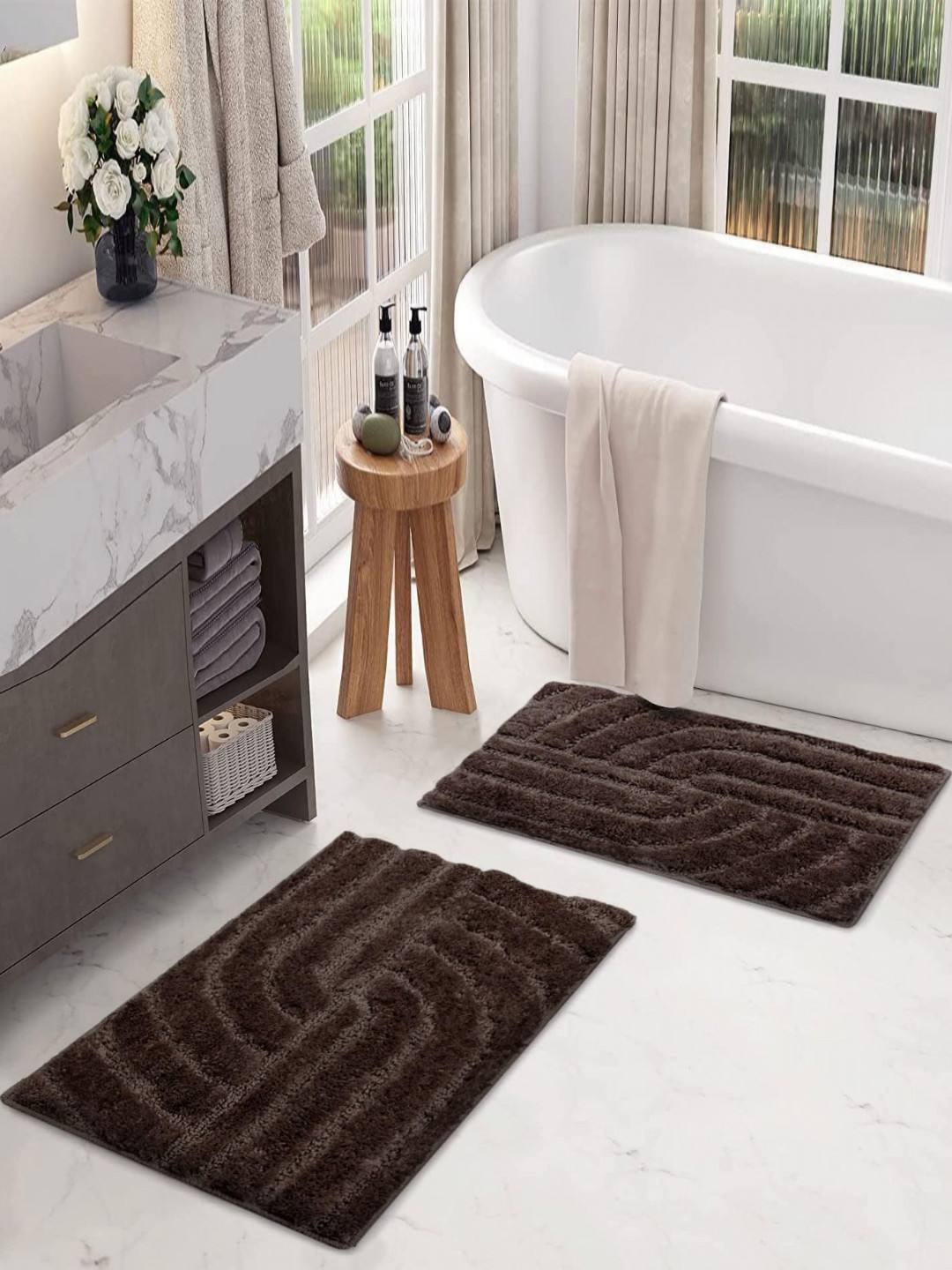 LUXEHOME INTERNATIONAL Scotland Maze Cut Brown 2 Pieces Textured Anti Skid Bath Rugss