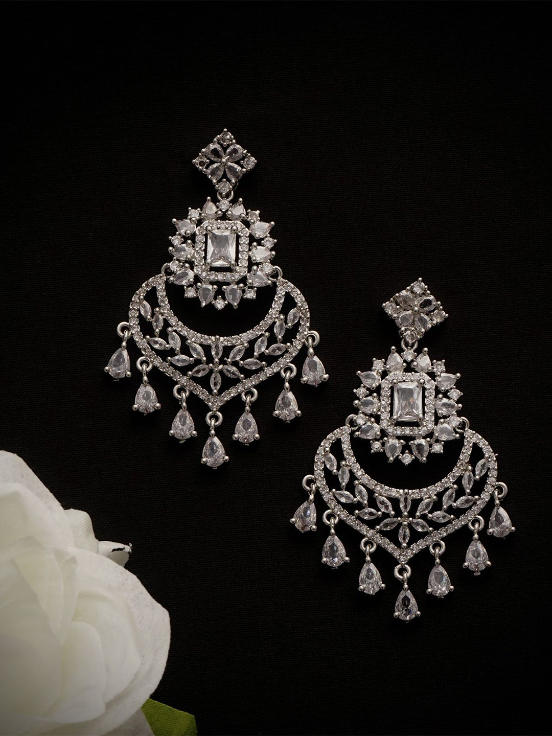 Gemron Jewel Rhodium-Plated American Diamond Studded Floral Chandelier Drop Earrings