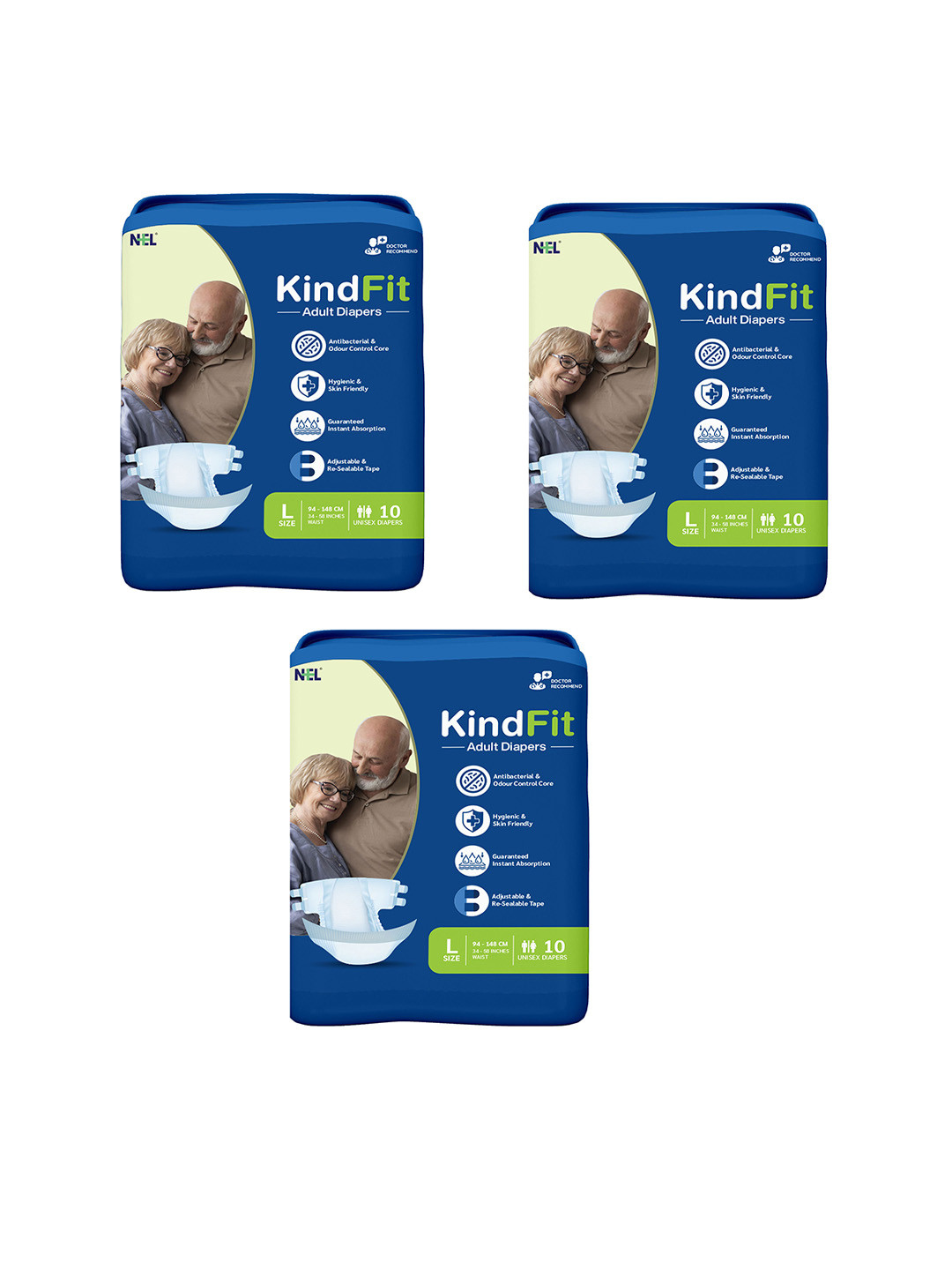 Kindfit Set Of 3 Tape Style Rash Free Adult Diapers - XL - 10Pcs Each