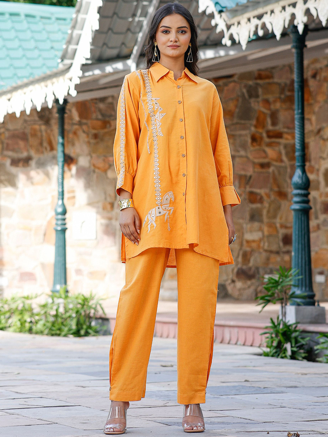 AUTUMN LANE Tridhara Tangerine Embroidered Pure Cotton Shirt With Trousers Co-Ords