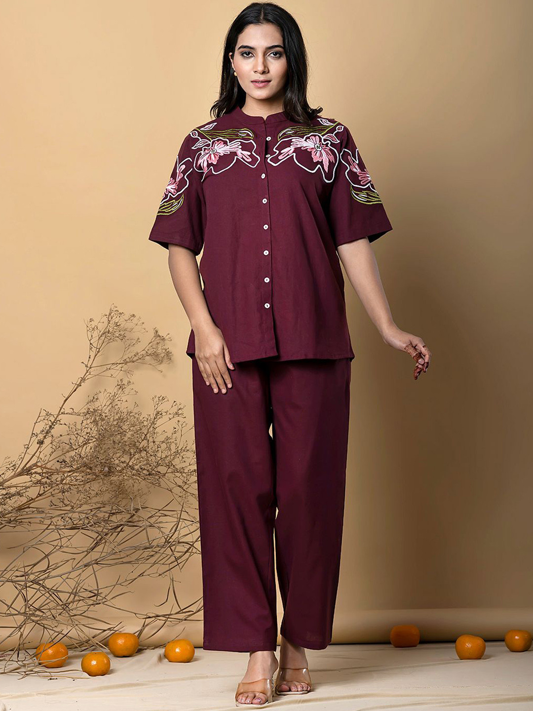 AUTUMN LANE Tripti Mulberry Embroidered Pure Cotton Tunic With Trousers Co-Ords