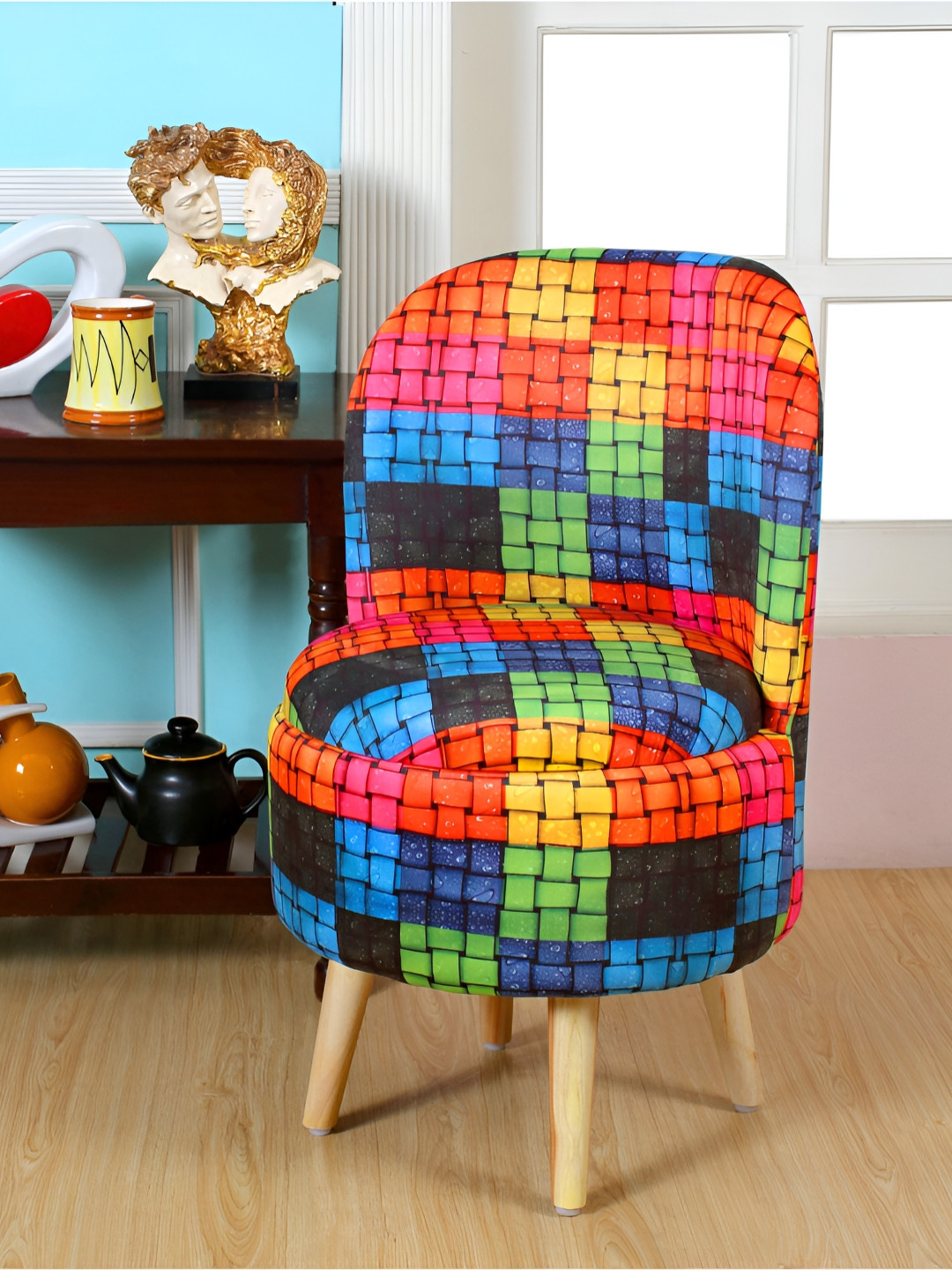 Shadowkart Pink & Red Checked Wooden Pouffes Ottoman