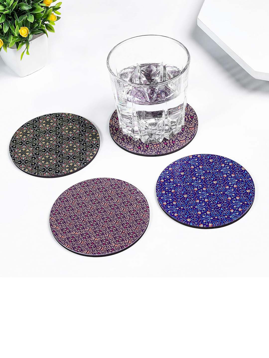 ANNA CREATIONS Purple & Blue 4 Pieces Floral Printed Wooden Round Coasters