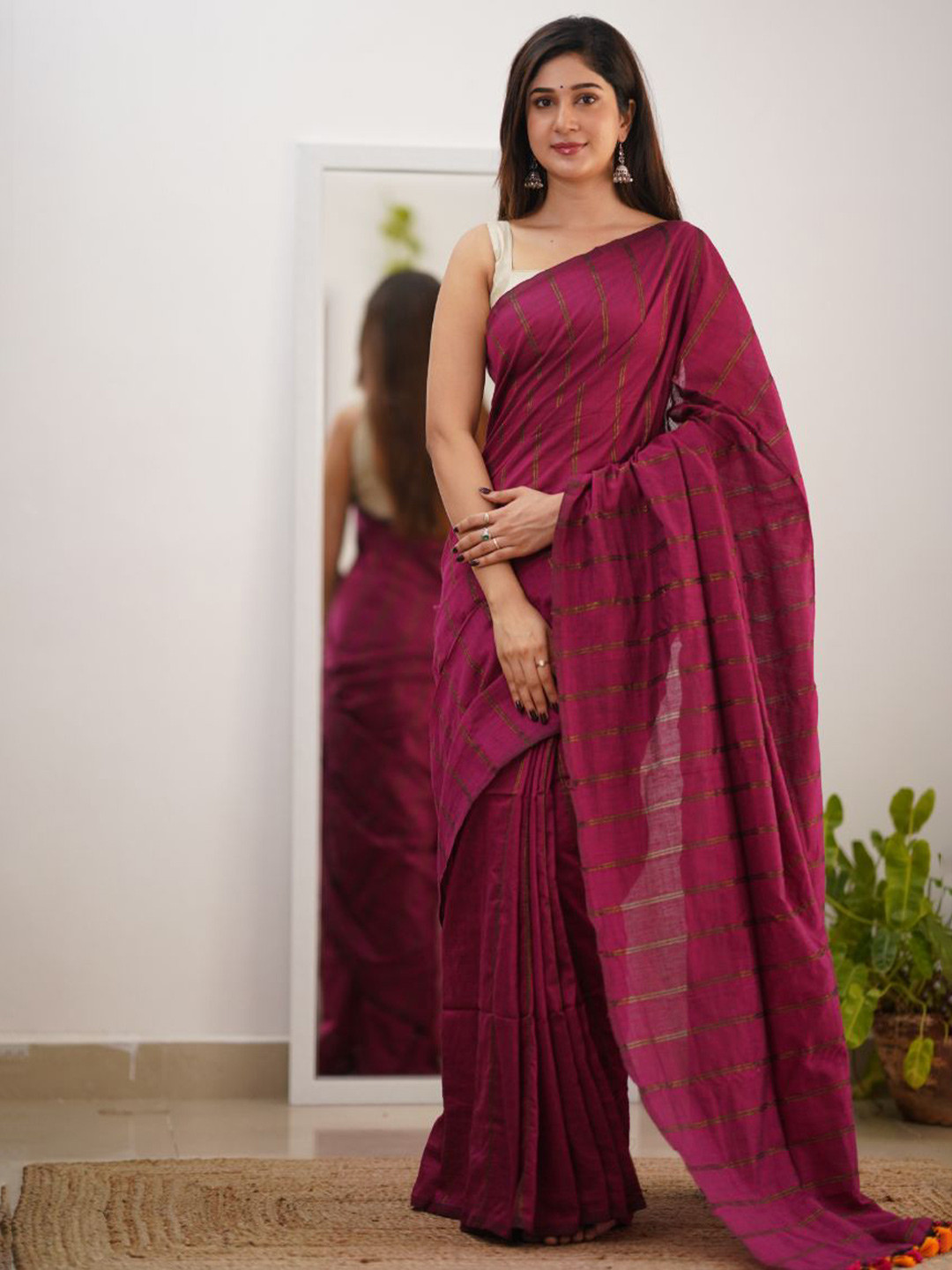Sutisancha Queen Pink Dual Zari Stripe Saree